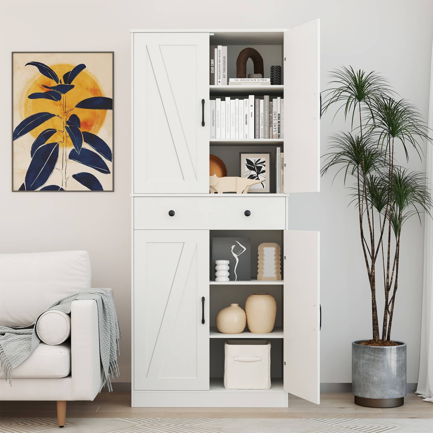 Armoire de cuisine moderne Farmhouse de 72 po de Costway avec 4 portes de grange brun/blanc/noir
