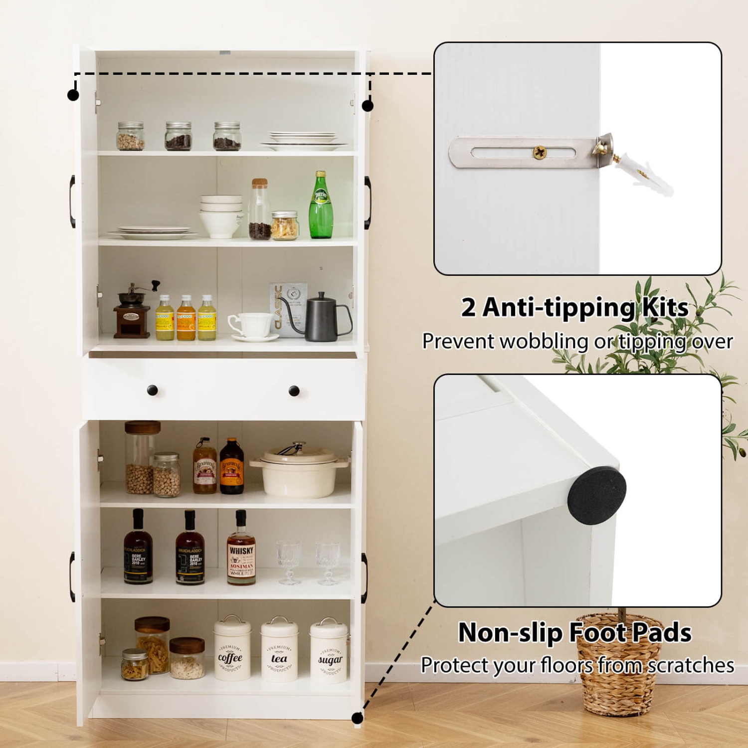 Armoire de cuisine moderne Farmhouse de 72 po de Costway avec 4 portes de grange brun/blanc/noir