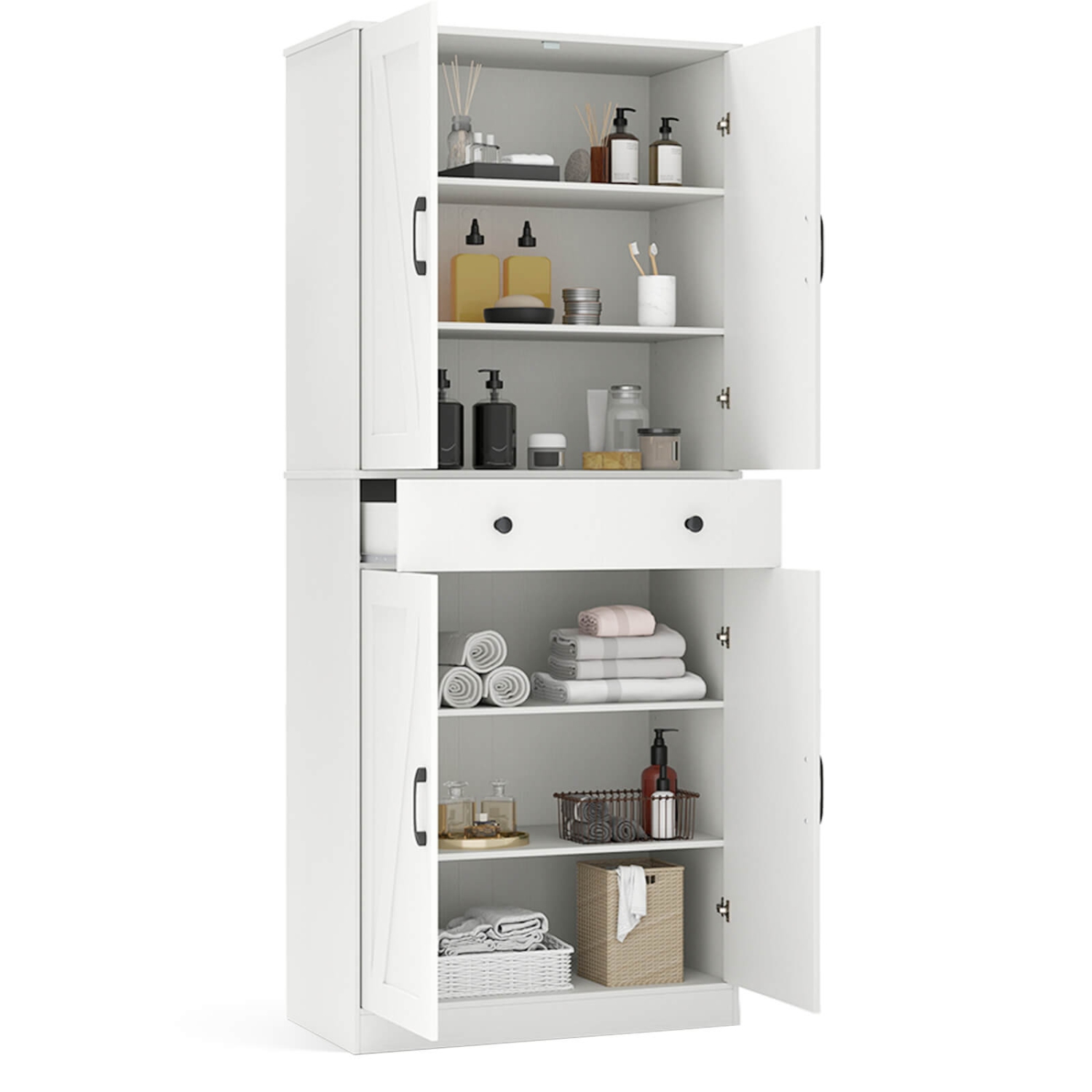 Armoire de cuisine moderne Farmhouse de 72 po de Costway avec 4 portes de grange brun/blanc/noir