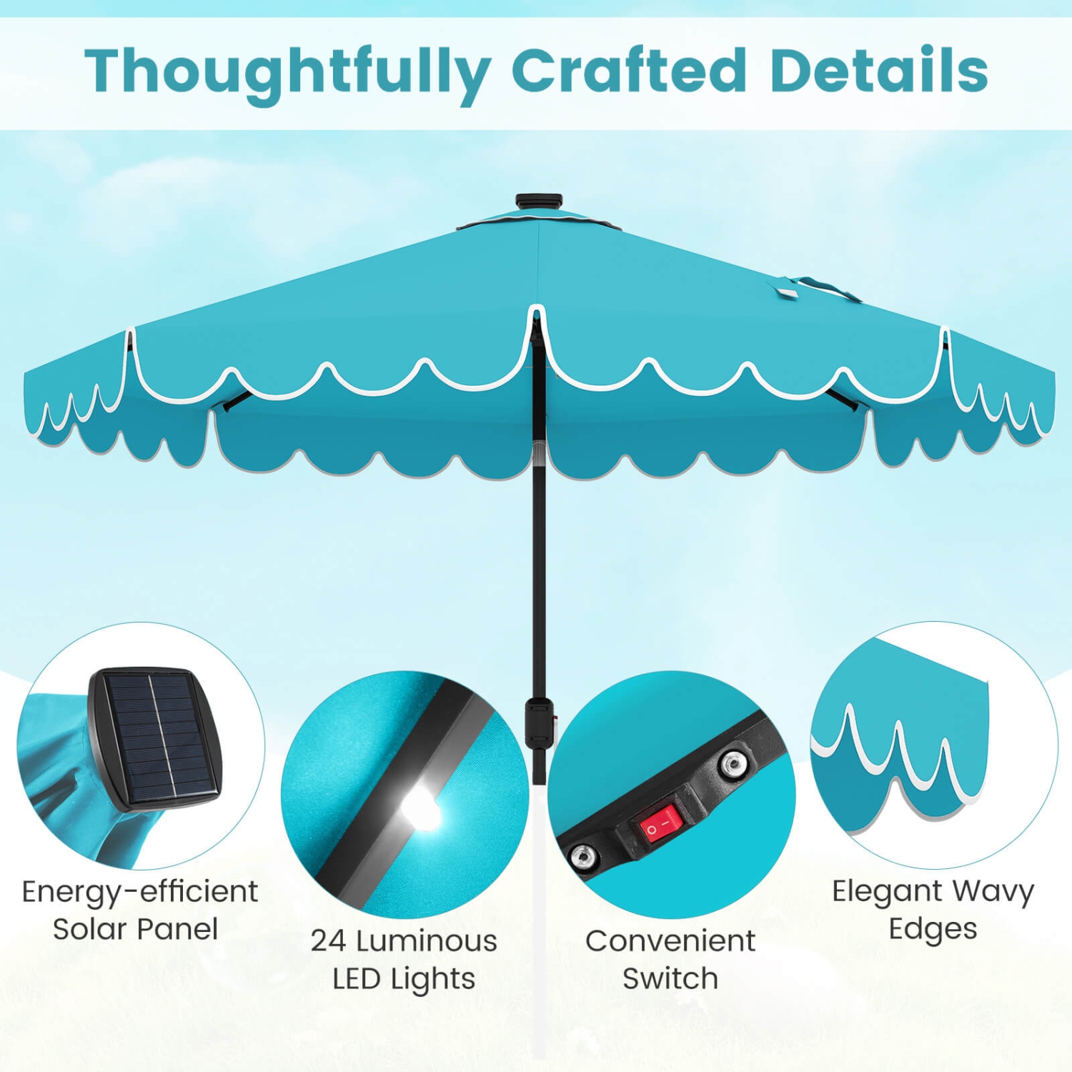 Costway 9.3 FT Solar Patio Umbrella Outdoor Market Sunshade with 24 LED Lights, Ruffles Gray