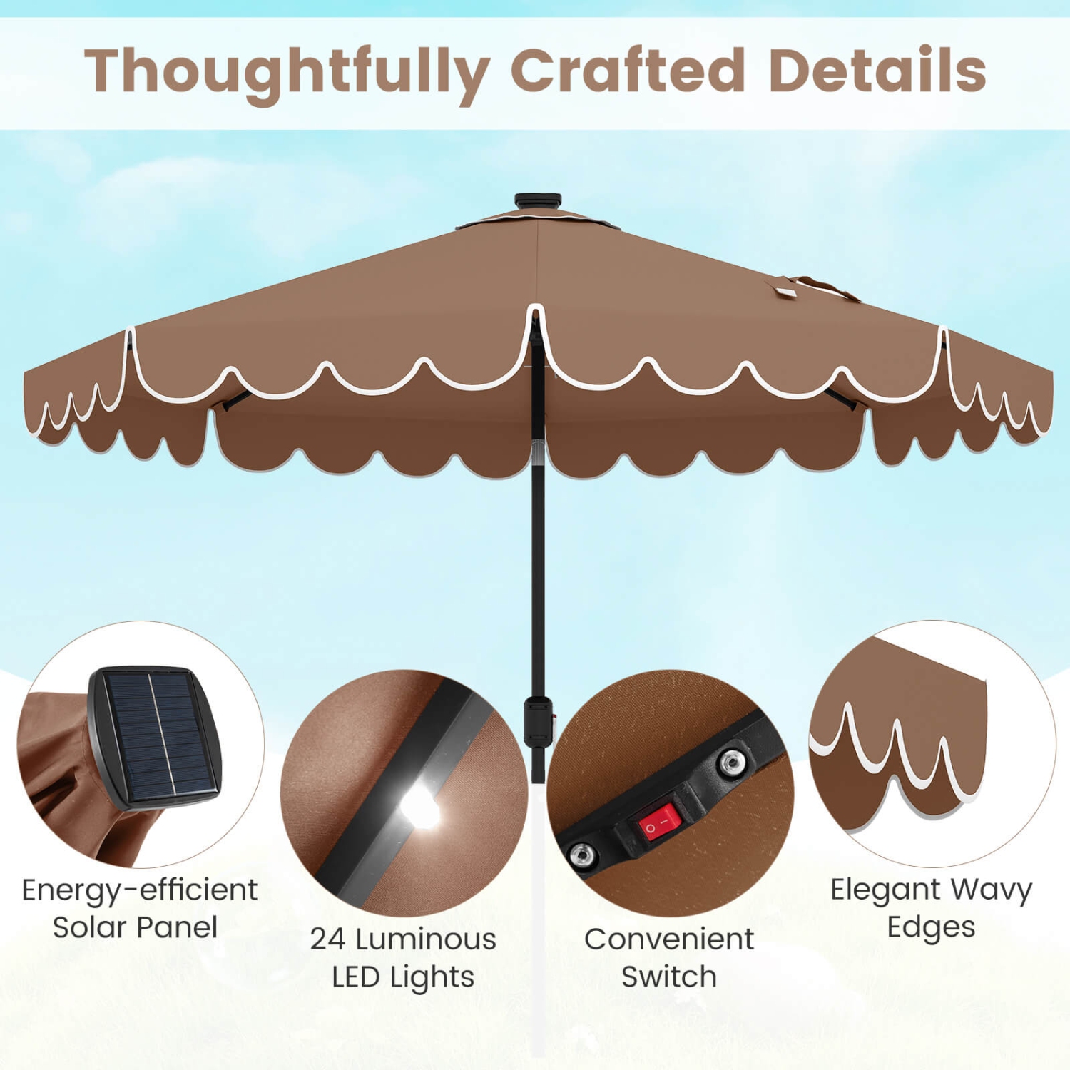 Costway 9.3 FT Solar Patio Umbrella Outdoor Market Sunshade with 24 LED Lights, Ruffles Gray
