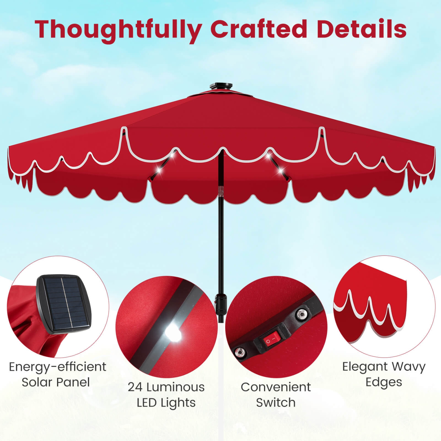 Costway 9.3 FT Solar Patio Umbrella Outdoor Market Sunshade with 24 LED Lights, Ruffles Gray