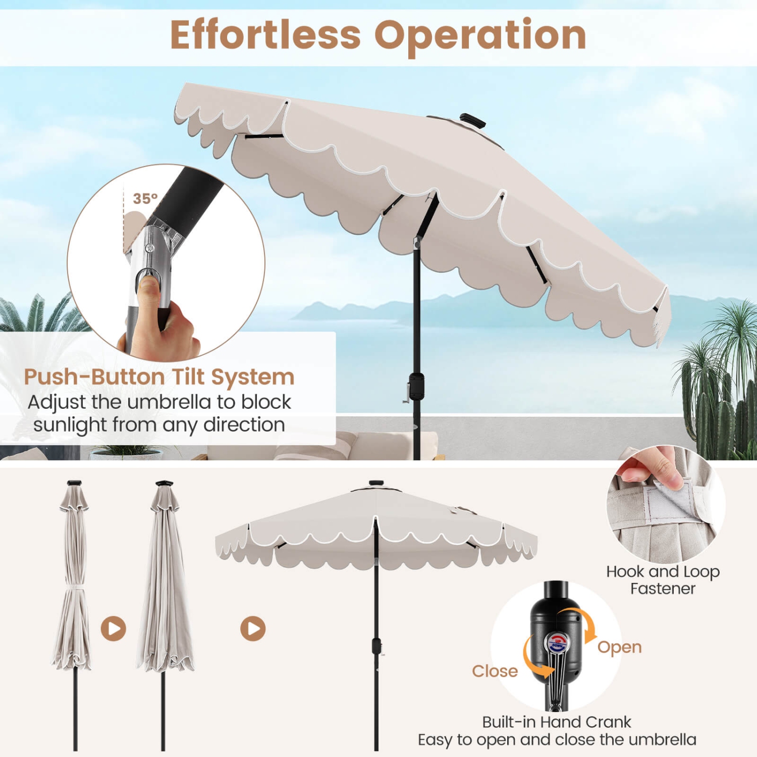 Costway 9.3 FT Solar Patio Umbrella Outdoor Market Sunshade with 24 LED Lights, Ruffles Gray