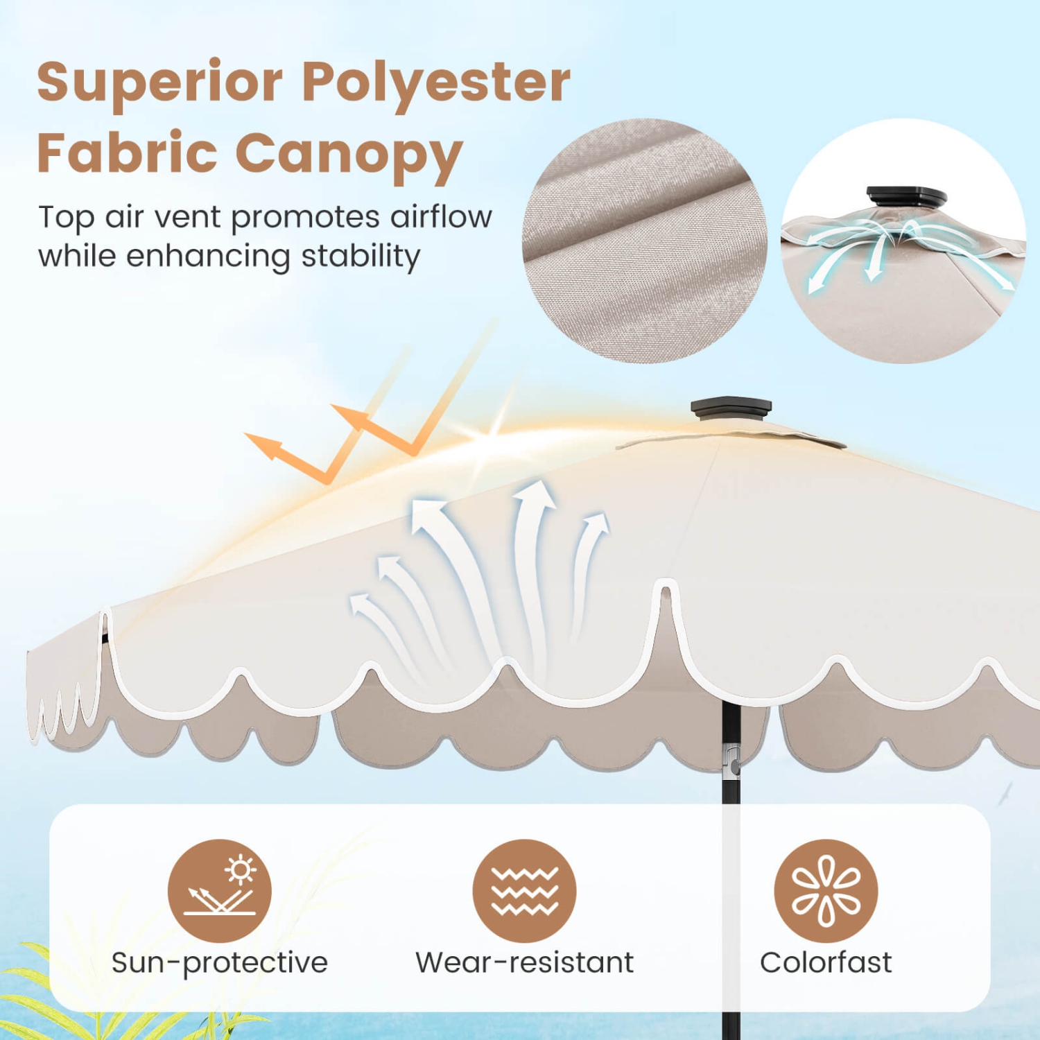 Costway 9.3 FT Solar Patio Umbrella Outdoor Market Sunshade with 24 LED Lights, Ruffles Gray