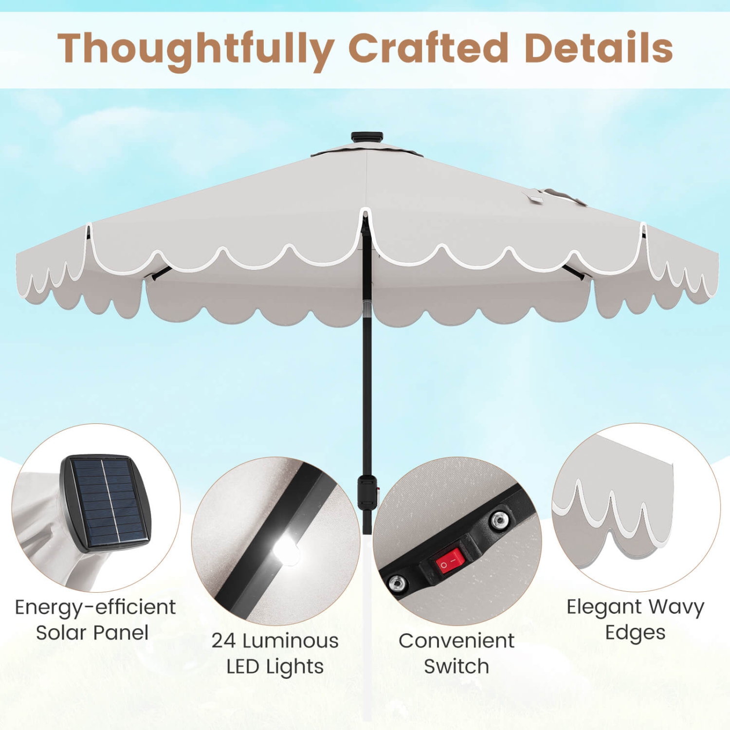 Costway 9.3 FT Solar Patio Umbrella Outdoor Market Sunshade with 24 LED Lights, Ruffles Gray