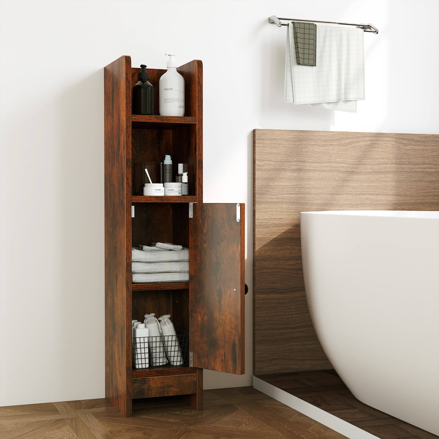 Armoire de rangement pour salle de bain Costway avec tablette réglable 1 porte et 2 tablettes ouvertes Salon Blanc/Noir/Brun