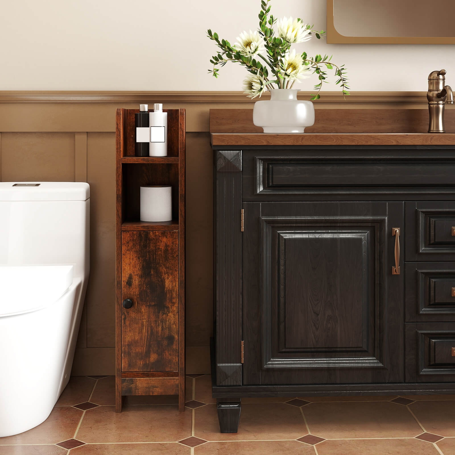 Armoire de rangement pour salle de bain Costway avec tablette réglable 1 porte et 2 tablettes ouvertes Salon Blanc/Noir/Brun