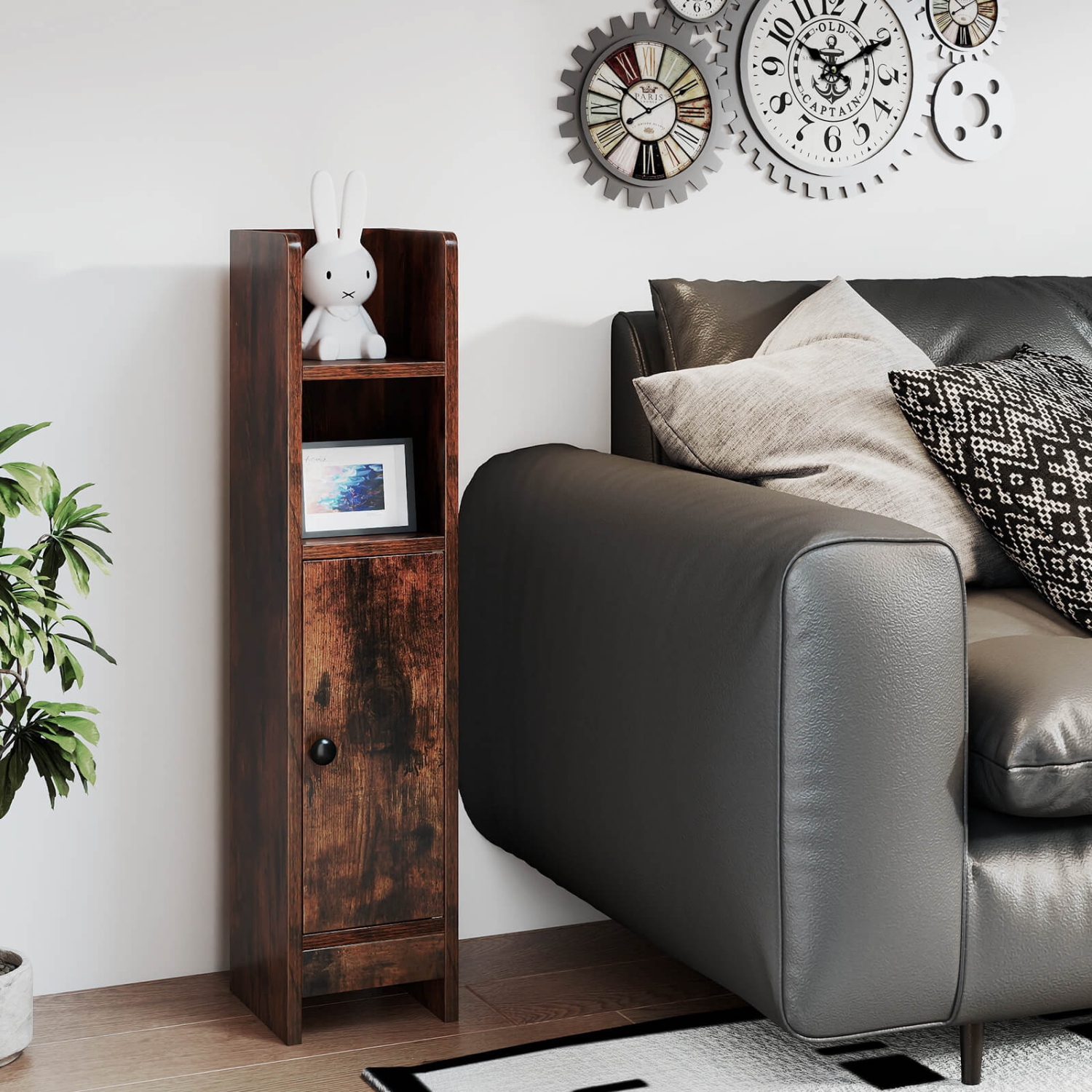 Armoire de rangement pour salle de bain Costway avec tablette réglable 1 porte et 2 tablettes ouvertes Salon Blanc/Noir/Brun