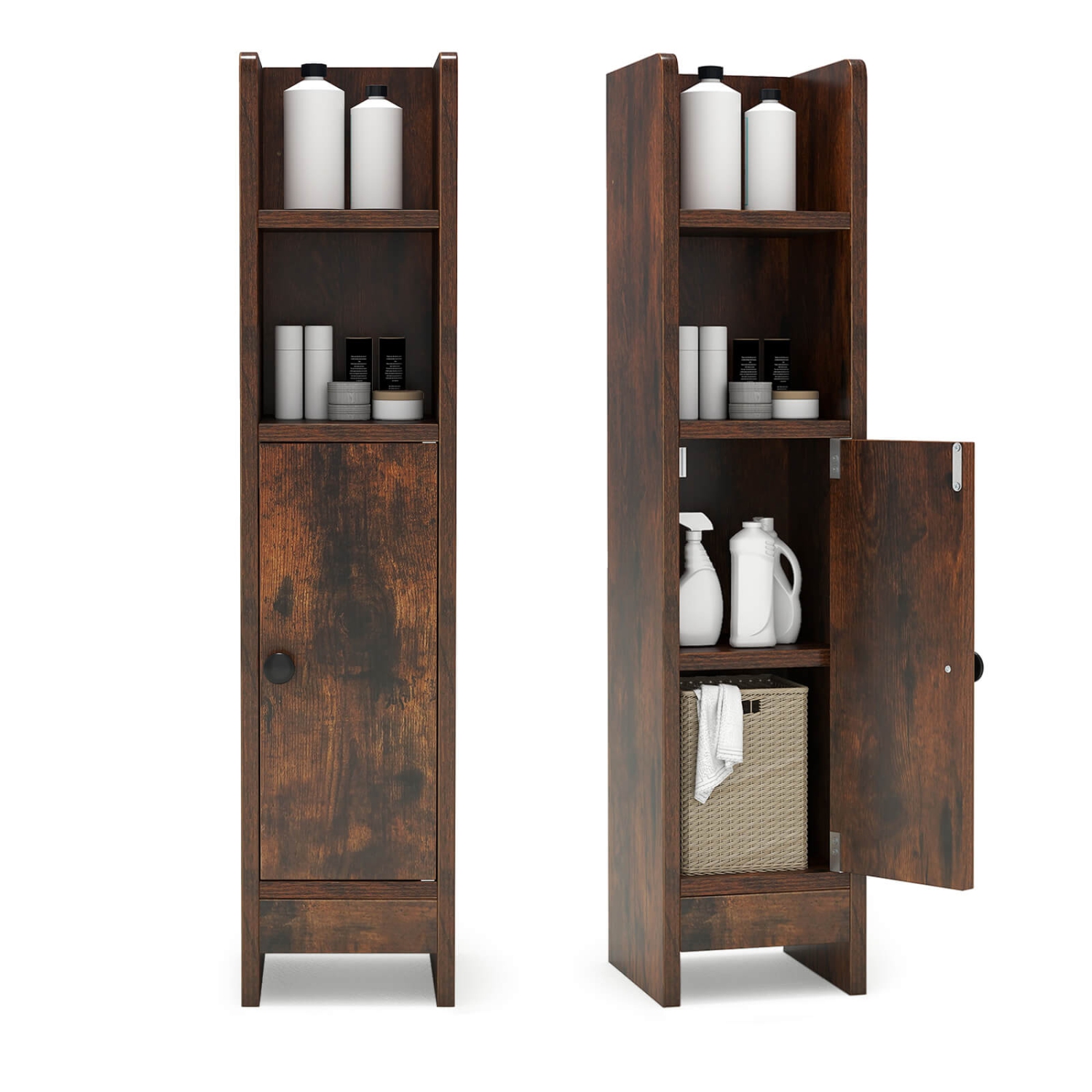 Armoire de rangement pour salle de bain Costway avec tablette réglable 1 porte et 2 tablettes ouvertes Salon Blanc/Noir/Brun