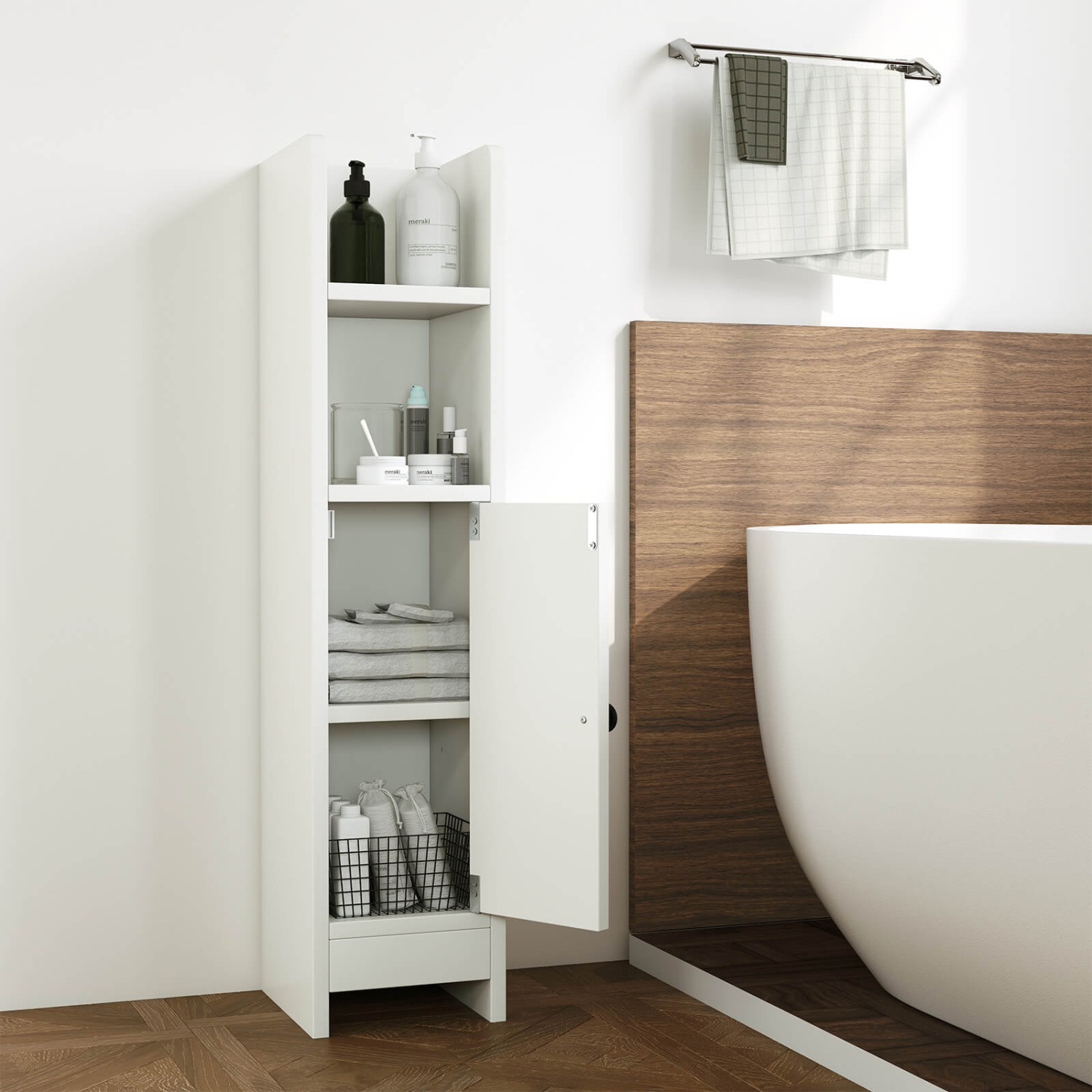 Armoire de rangement pour salle de bain Costway avec tablette réglable 1 porte et 2 tablettes ouvertes Salon Blanc/Noir/Brun