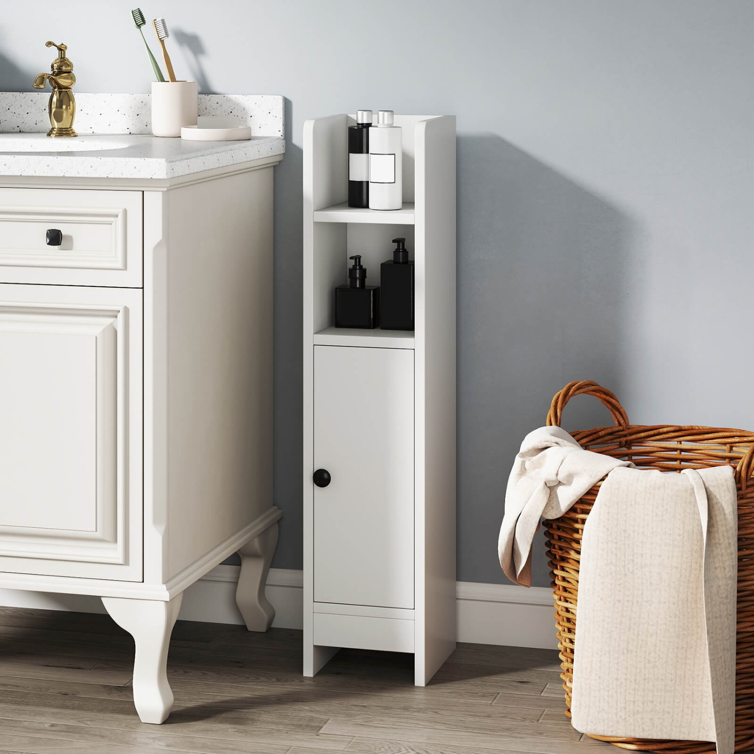 Armoire de rangement pour salle de bain Costway avec tablette réglable 1 porte et 2 tablettes ouvertes Salon Blanc/Noir/Brun