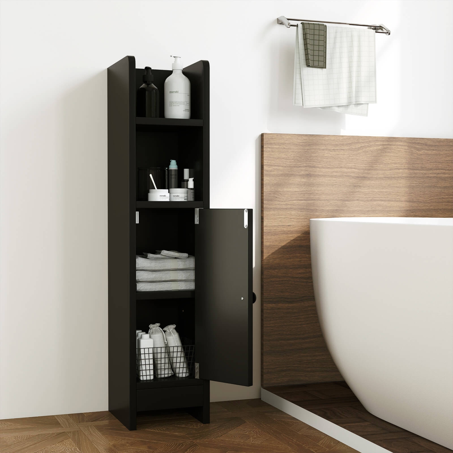 Armoire de rangement pour salle de bain Costway avec tablette réglable 1 porte et 2 tablettes ouvertes Salon Blanc/Noir/Brun