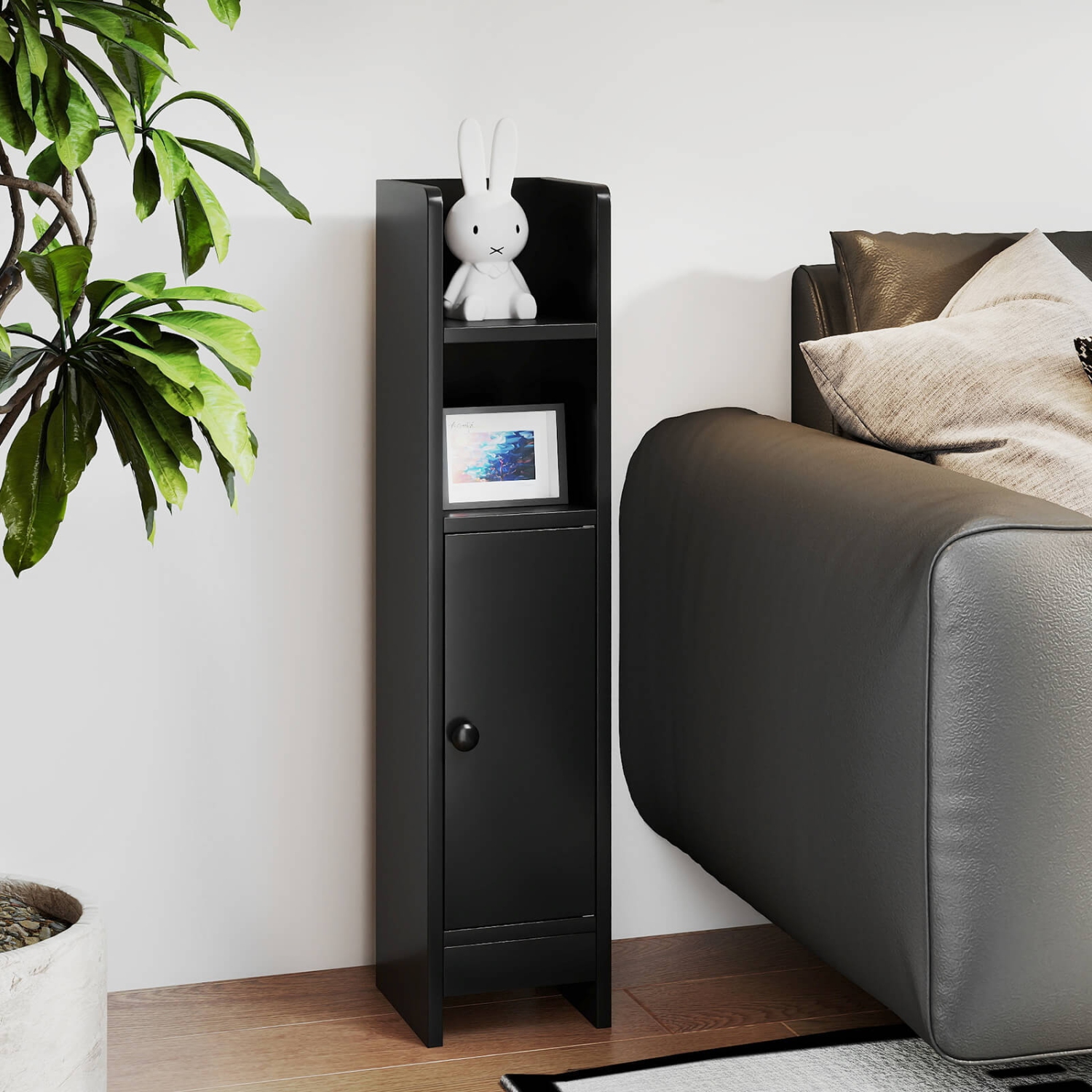 Armoire de rangement pour salle de bain Costway avec tablette réglable 1 porte et 2 tablettes ouvertes Salon Blanc/Noir/Brun