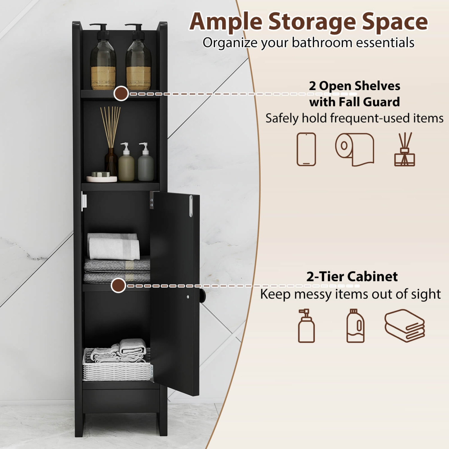 Armoire de rangement pour salle de bain Costway avec tablette réglable 1 porte et 2 tablettes ouvertes Salon Blanc/Noir/Brun