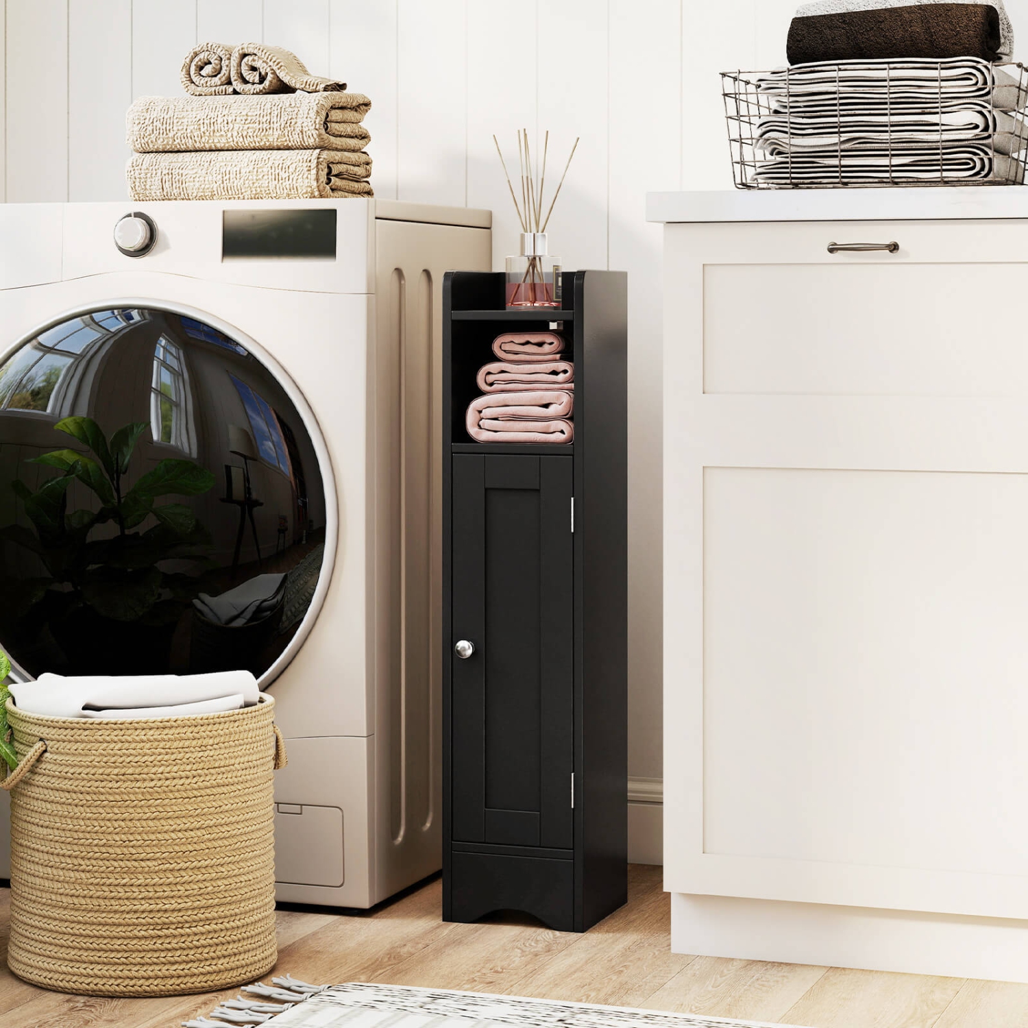 Costway Bathroom Storage Cabinet with Door Toilet Paper Holder Stand for Small Spaces Black/Gray/White