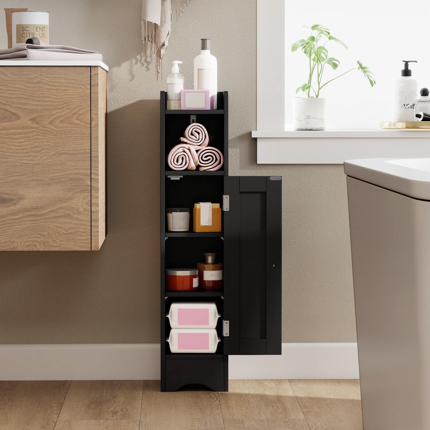 Costway Bathroom Storage Cabinet with Door Toilet Paper Holder Stand for Small Spaces Black/Gray/White