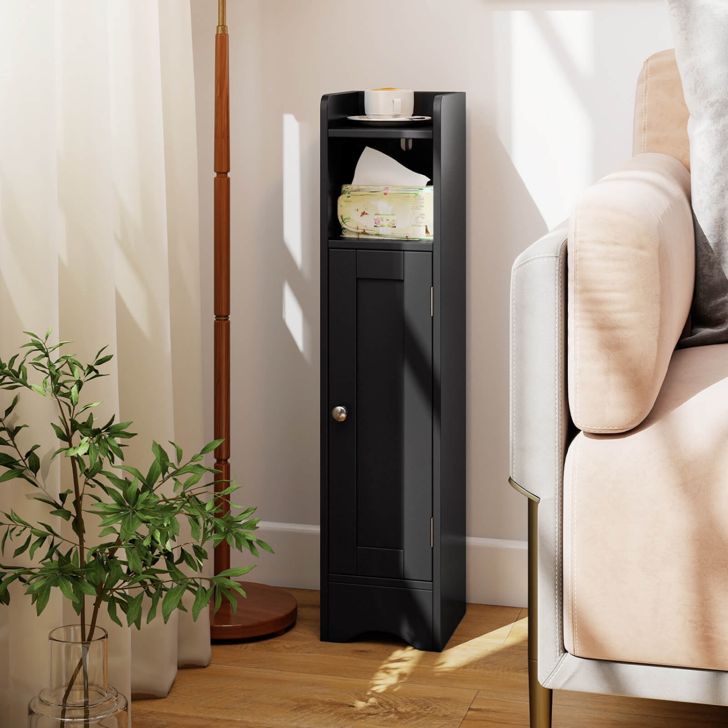 Costway Bathroom Storage Cabinet with Door Toilet Paper Holder Stand for Small Spaces Black/Gray/White