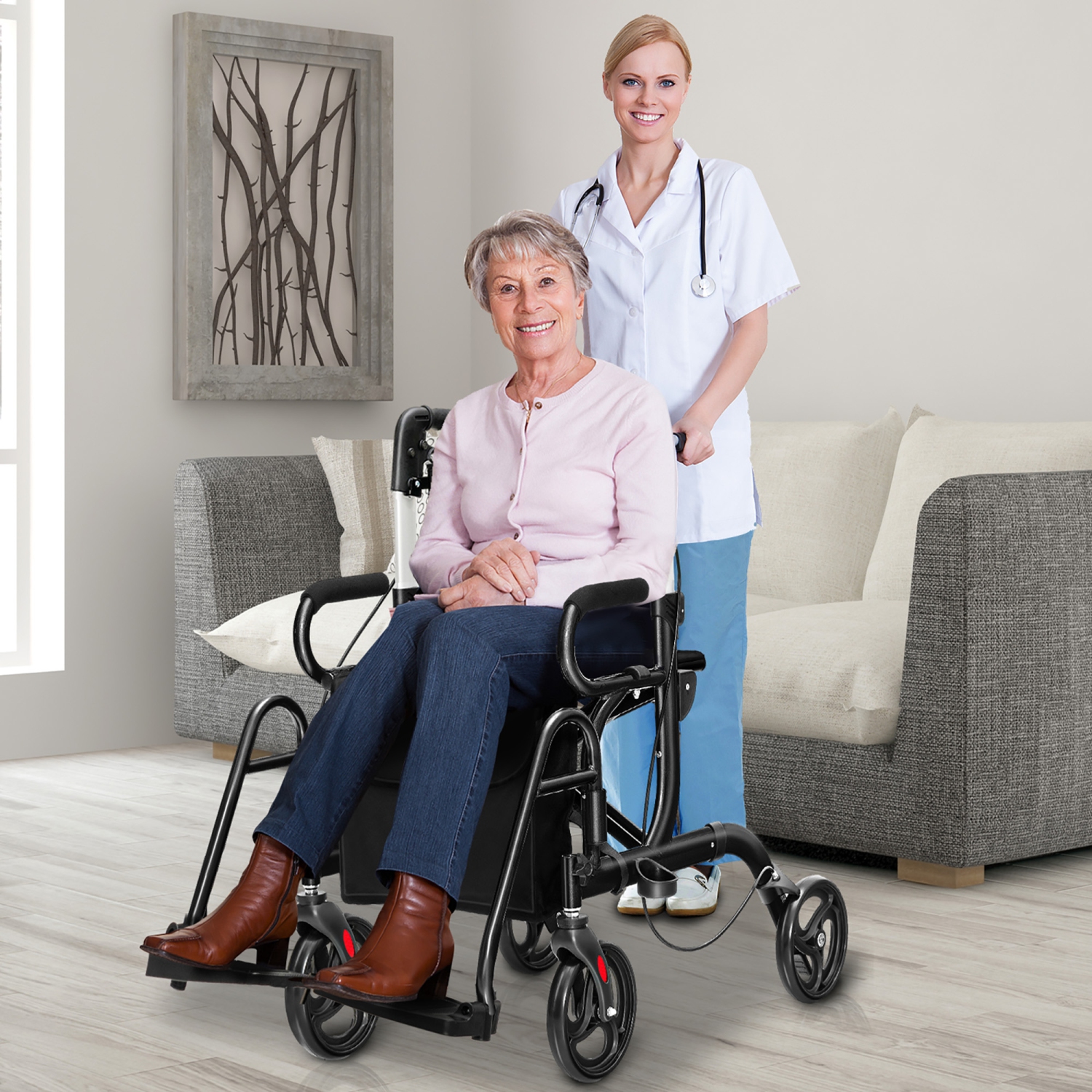 Costway Rollator Walker w/Seat Folding Walker w/8-inch Wheels Supports up to 350lbs