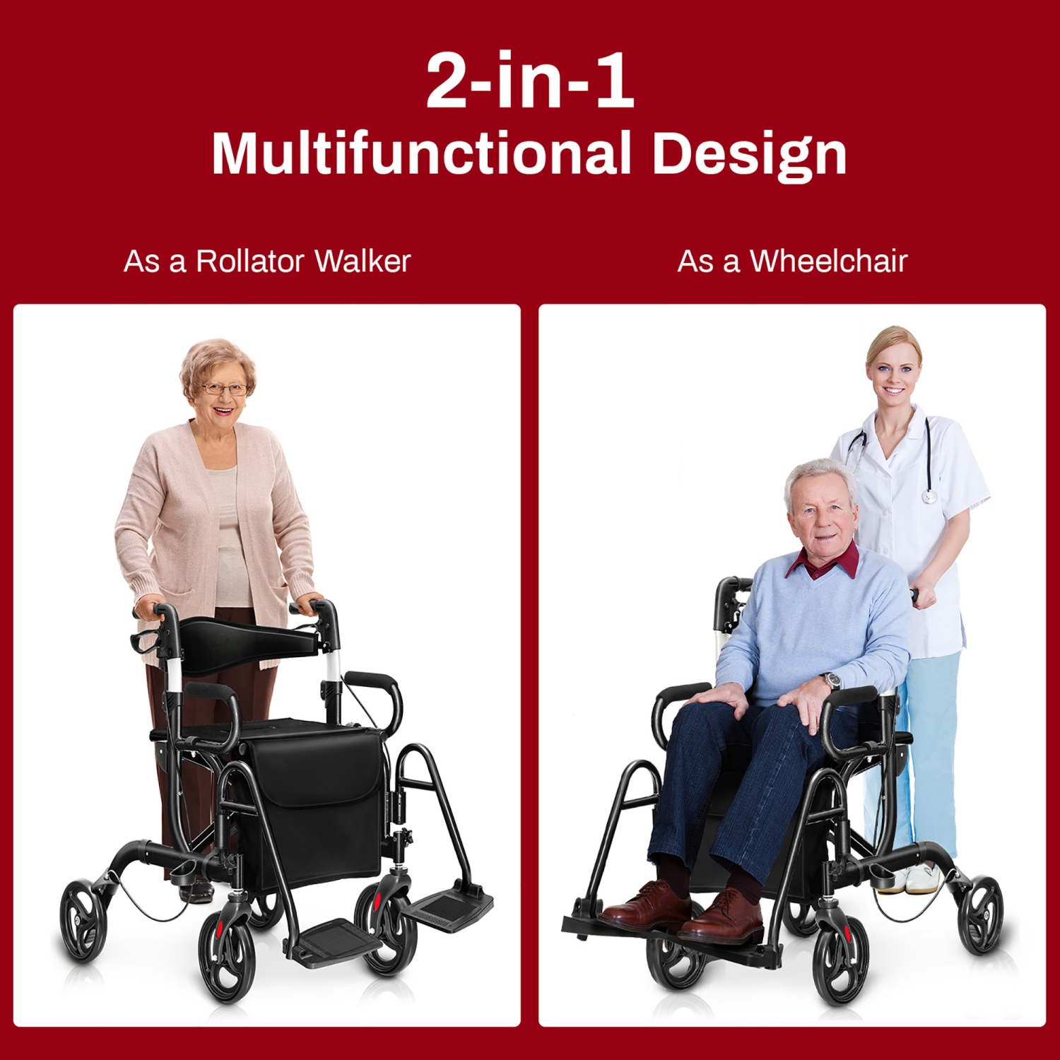 Costway Rollator Walker w/Seat Folding Walker w/8-inch Wheels Supports up to 350lbs