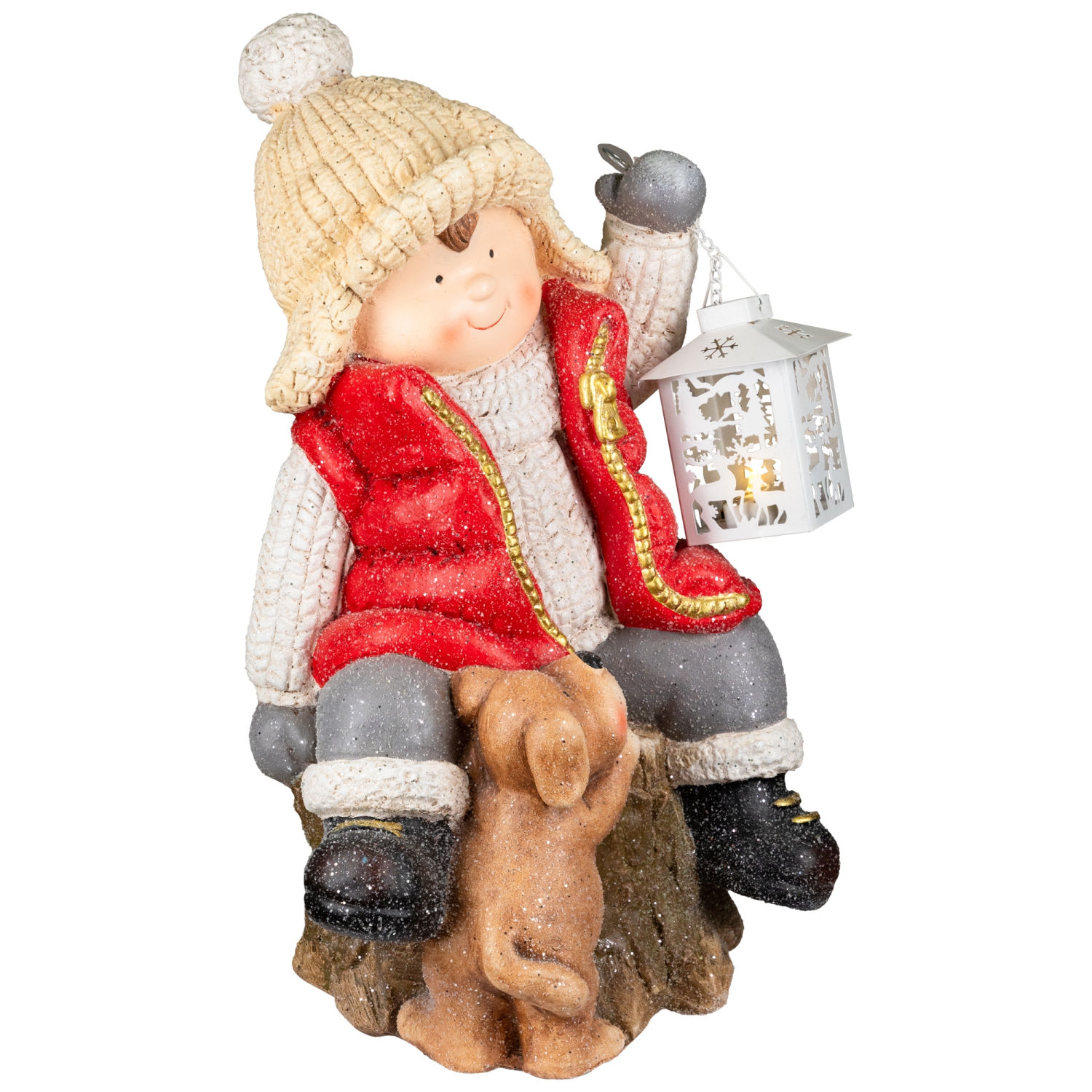 Boy with Puppy and Lighted Lantern Christmas Decoration - 16" - Clear LED light