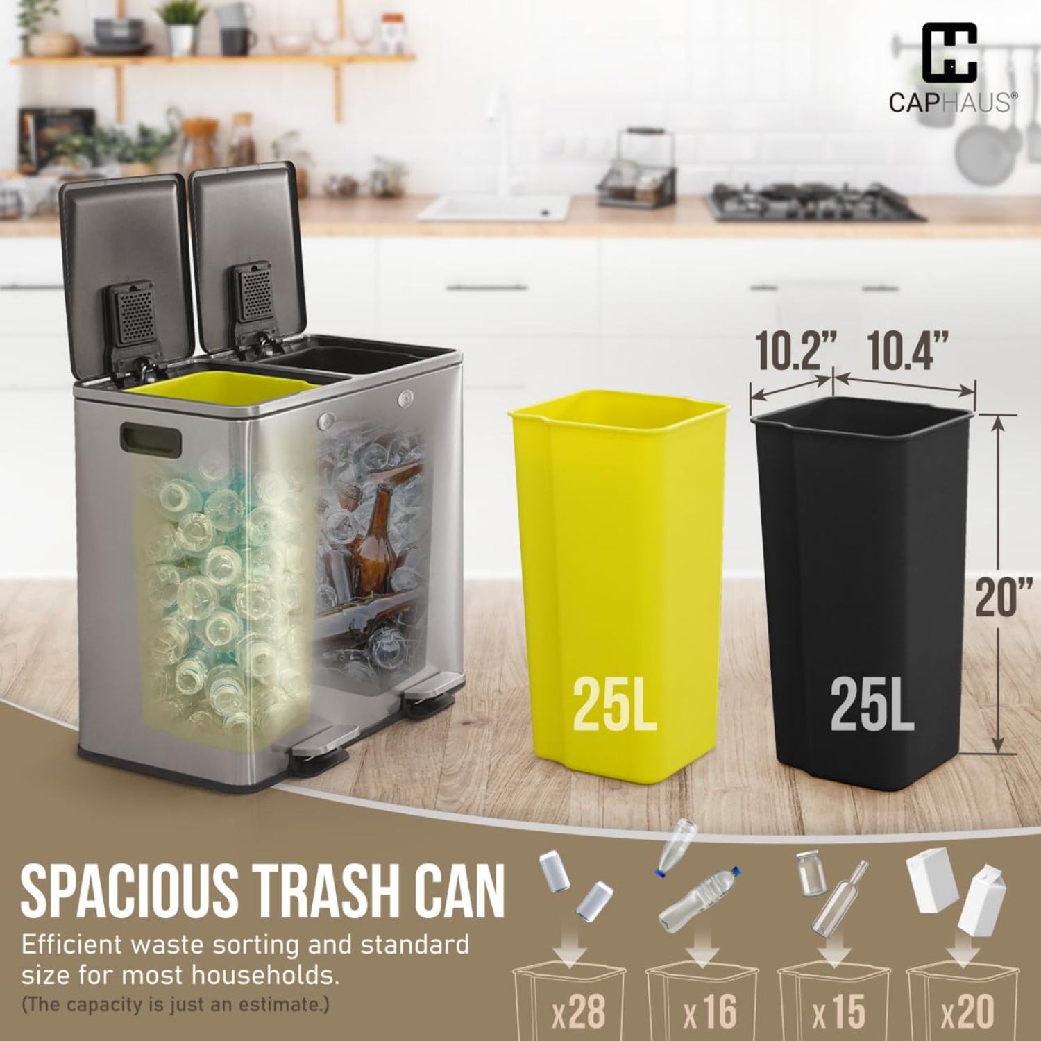 CAPHAUS Black Dual Trash Can w/Double Lid, Trash & Recycle Bins Combo, Hands-Free Stainless-Steel Garbage Can for Kitchen, with 2 Compartment, Hinged