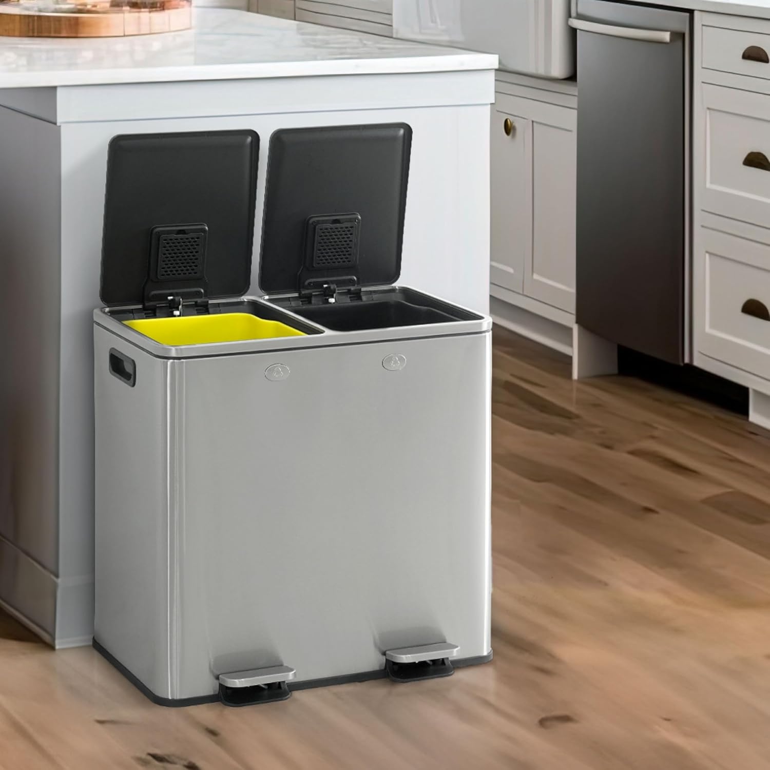 CAPHAUS Dual Trash Can with Double Lid, Trash and Recycle Bins Combo, Hands-free Stainless-Steel Garbage Can for Kitchen, with 2 Compartment, Hinged