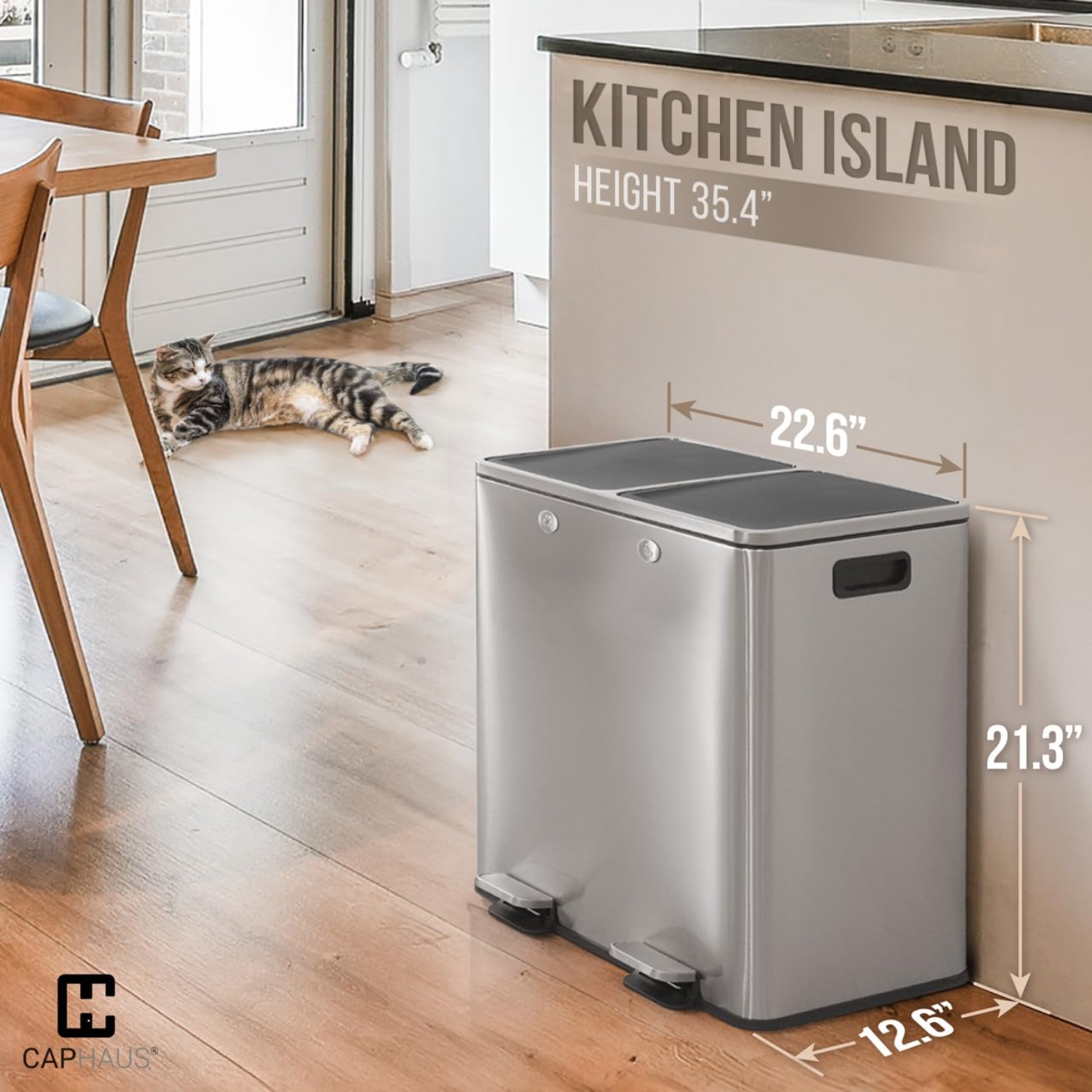 CAPHAUS Dual Trash Can with Double Lid, Trash and Recycle Bins Combo, Hands-free Stainless-Steel Garbage Can for Kitchen, with 2 Compartment, Hinged