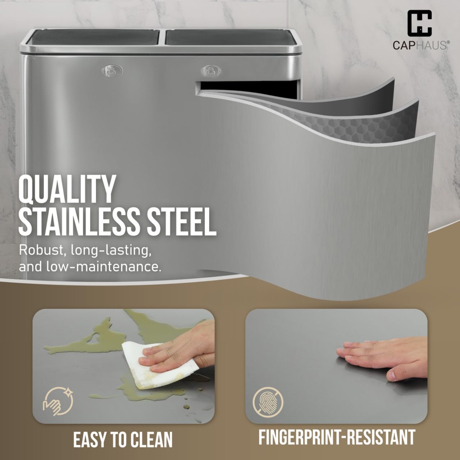 CAPHAUS Dual Trash Can with Double Lid, Trash and Recycle Bins Combo, Hands-free Stainless-Steel Garbage Can for Kitchen, with 2 Compartment, Hinged