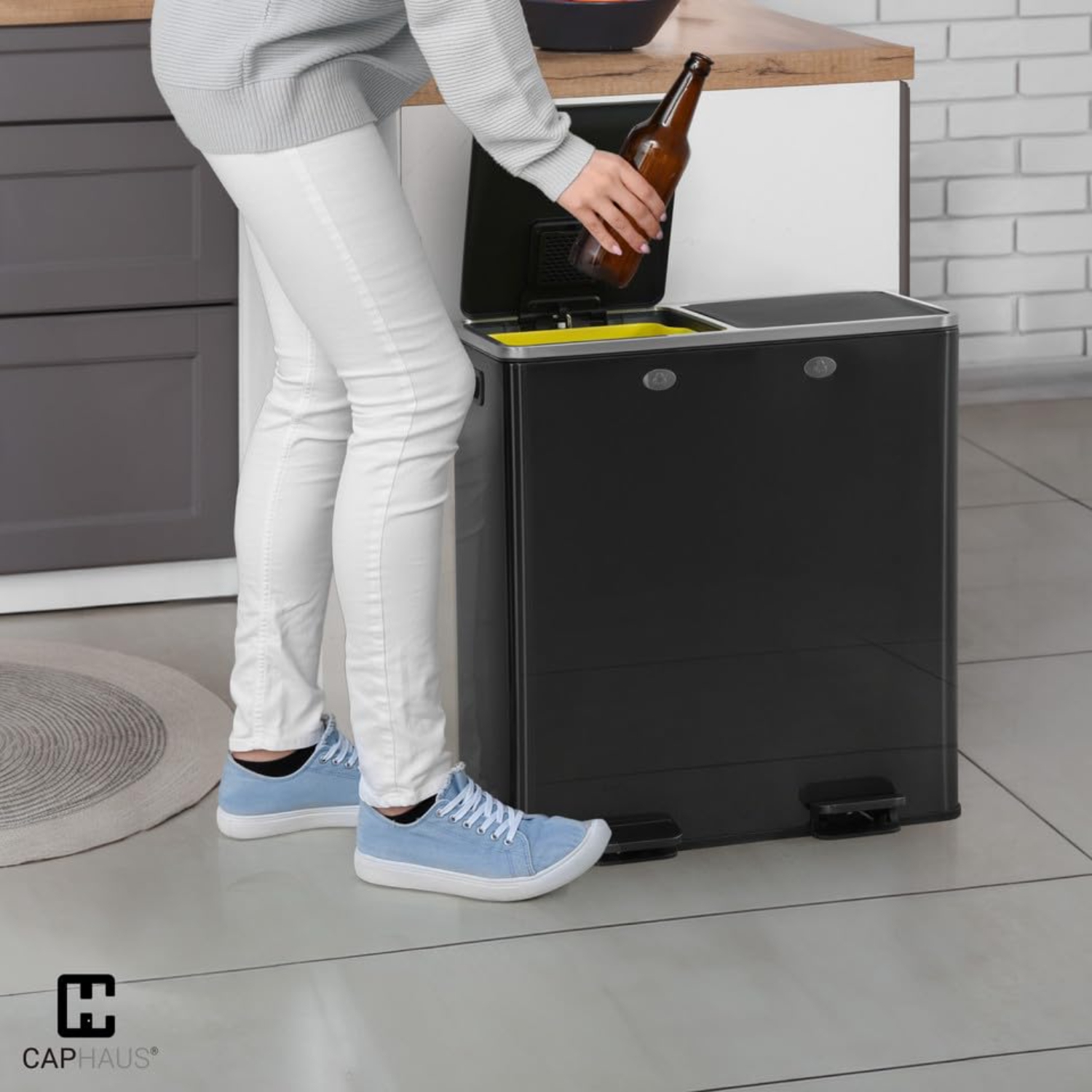 CAPHAUS Dual Trash Can with Double Lid, Trash and Recycle Bins Combo, Hands-free Stainless-Steel Garbage Can for Kitchen, with 2 Compartment, Hinged