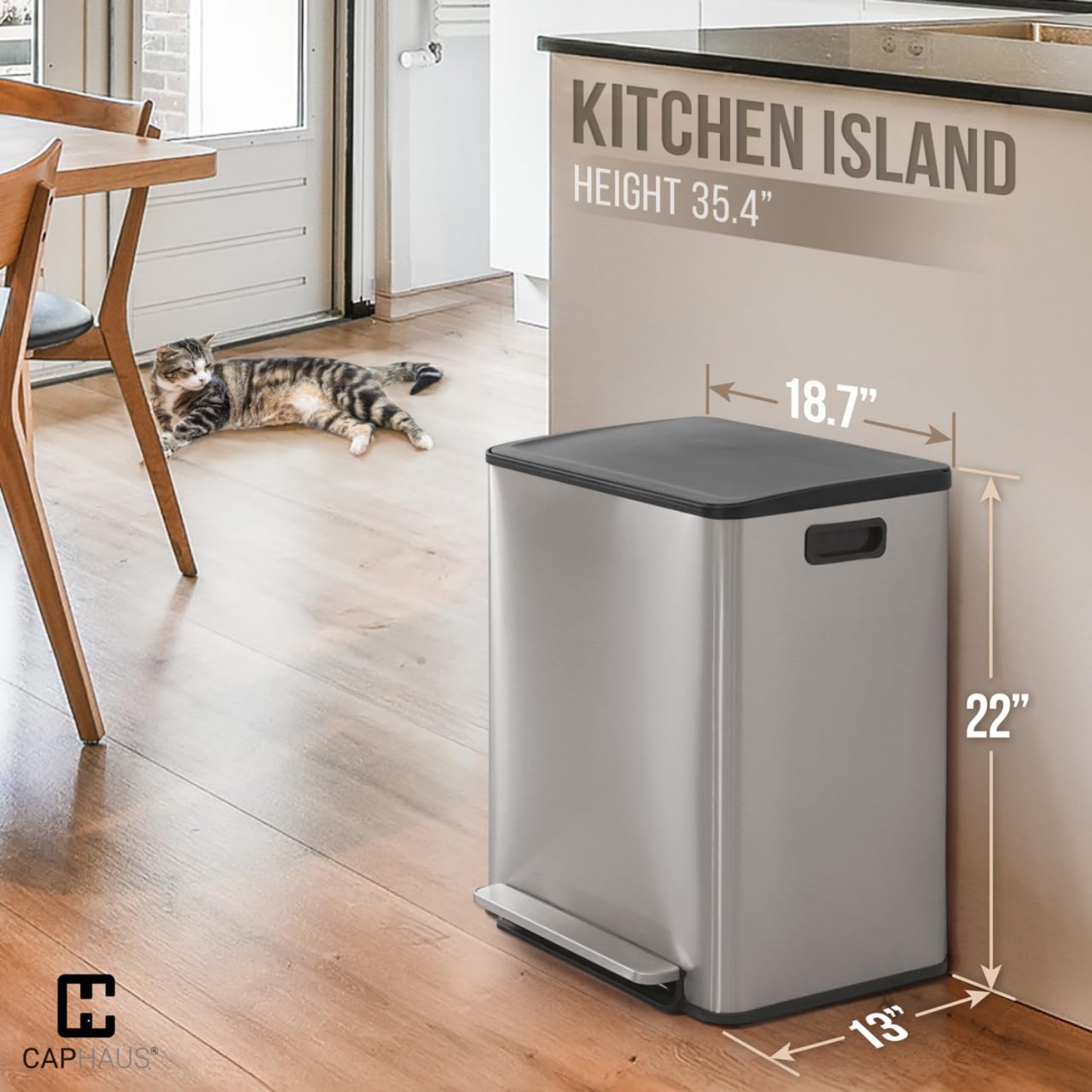 CAPHAUS Dual Trash Can w/Single Lid, Trash & Recycle Bins Combo, Hands-Free Stainless-Steel Garbage Can for Kitchen, with 2 Compartment, Hinged Lid,