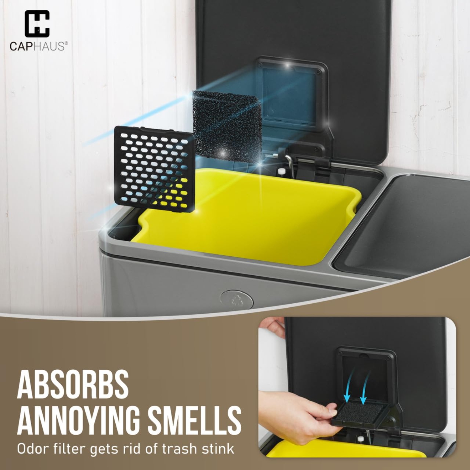 CAPHAUS Dual Trash Can w/Single Lid, Trash & Recycle Bins Combo, Hands-Free Stainless-Steel Garbage Can for Kitchen, with 2 Compartment, Hinged Lid,