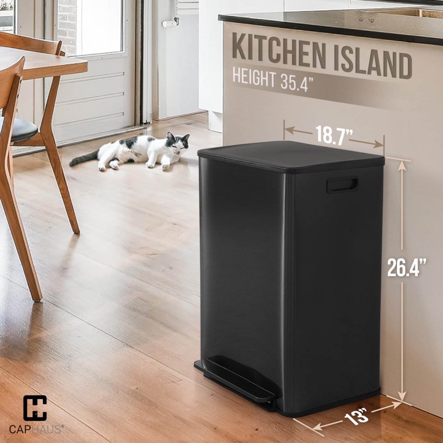 CAPHAUS Black Dual Trash Can w/Double Lid, Trash & Recycle Bins Combo, Hands-Free Stainless-Steel Garbage Can for Kitchen, with 2 Compartment, Hinged