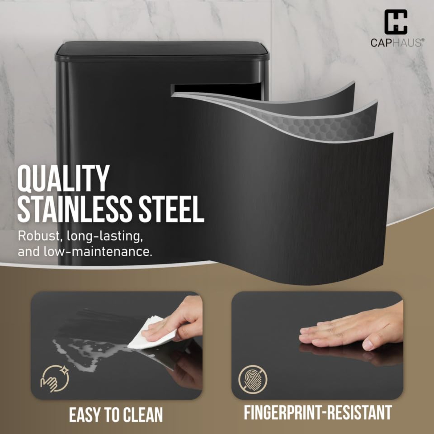 CAPHAUS Black Dual Trash Can w/Double Lid, Trash & Recycle Bins Combo, Hands-Free Stainless-Steel Garbage Can for Kitchen, with 2 Compartment, Hinged