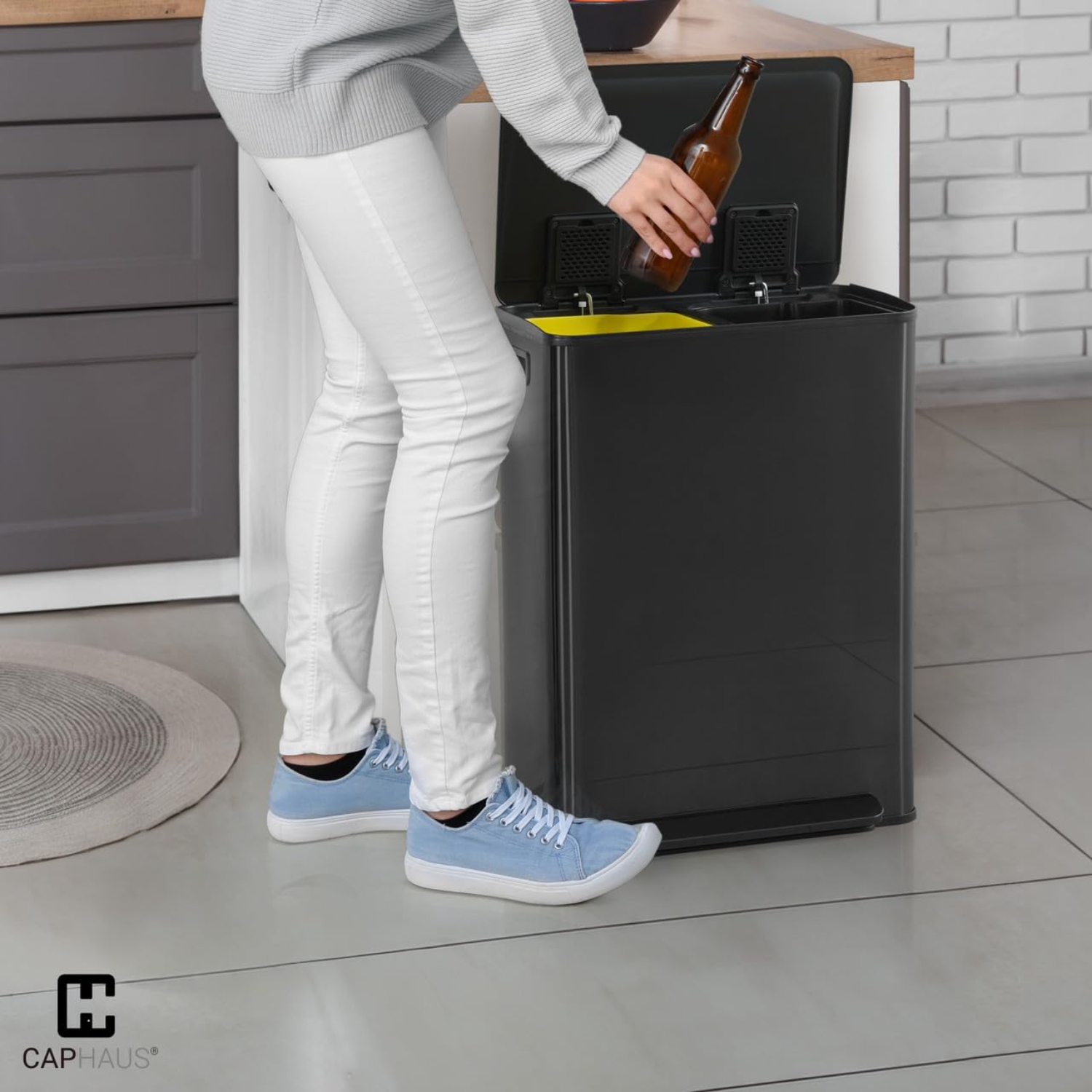 CAPHAUS Black Dual Trash Can w/Double Lid, Trash & Recycle Bins Combo, Hands-Free Stainless-Steel Garbage Can for Kitchen, with 2 Compartment, Hinged