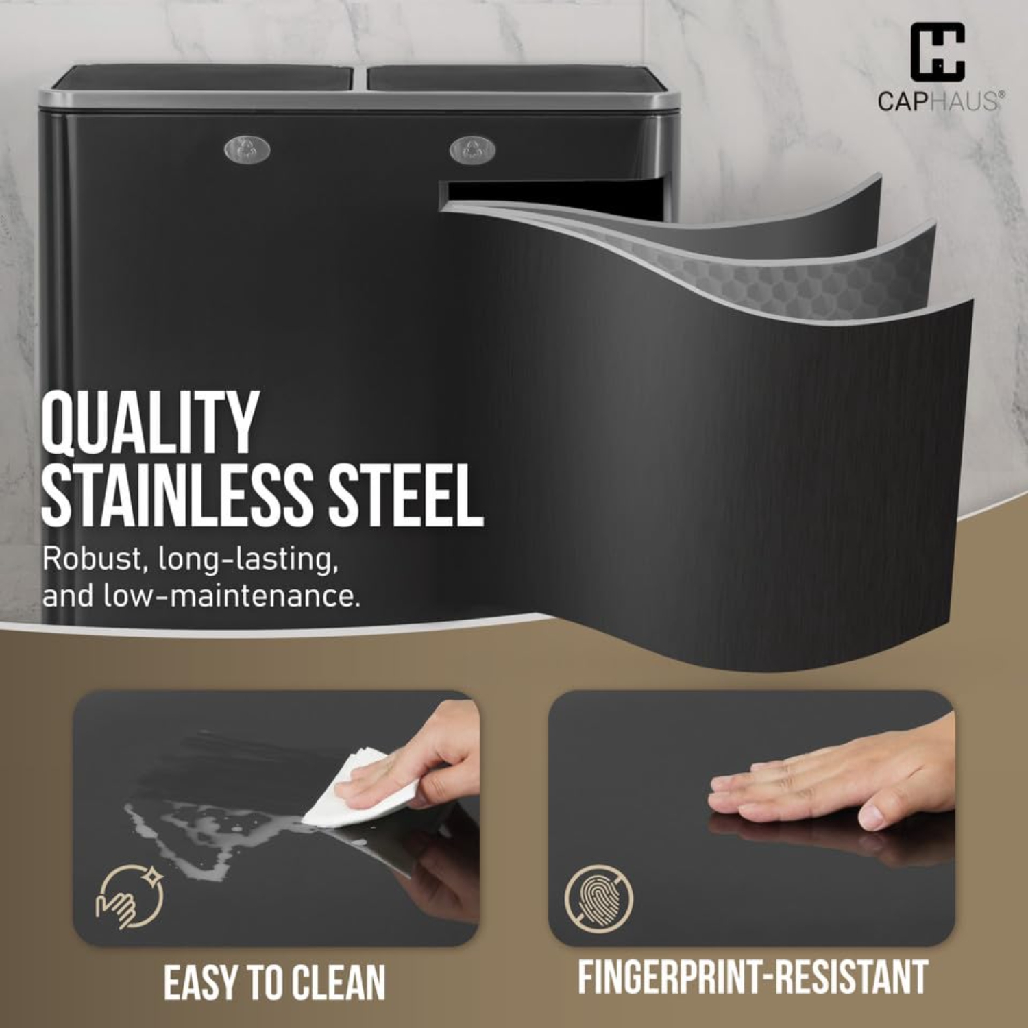 CAPHAUS Black Dual Trash Can w/Double Lid, Trash & Recycle Bins Combo, Hands-Free Stainless-Steel Garbage Can for Kitchen, with 2 Compartment, Hinged