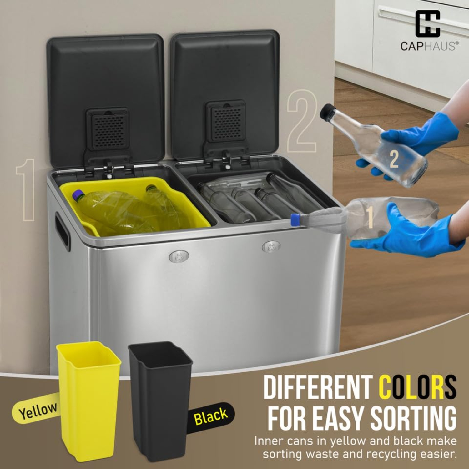 CAPHAUS Black Dual Trash Can w/Double Lid, Trash & Recycle Bins Combo, Hands-Free Stainless-Steel Garbage Can for Kitchen, with 2 Compartment, Hinged