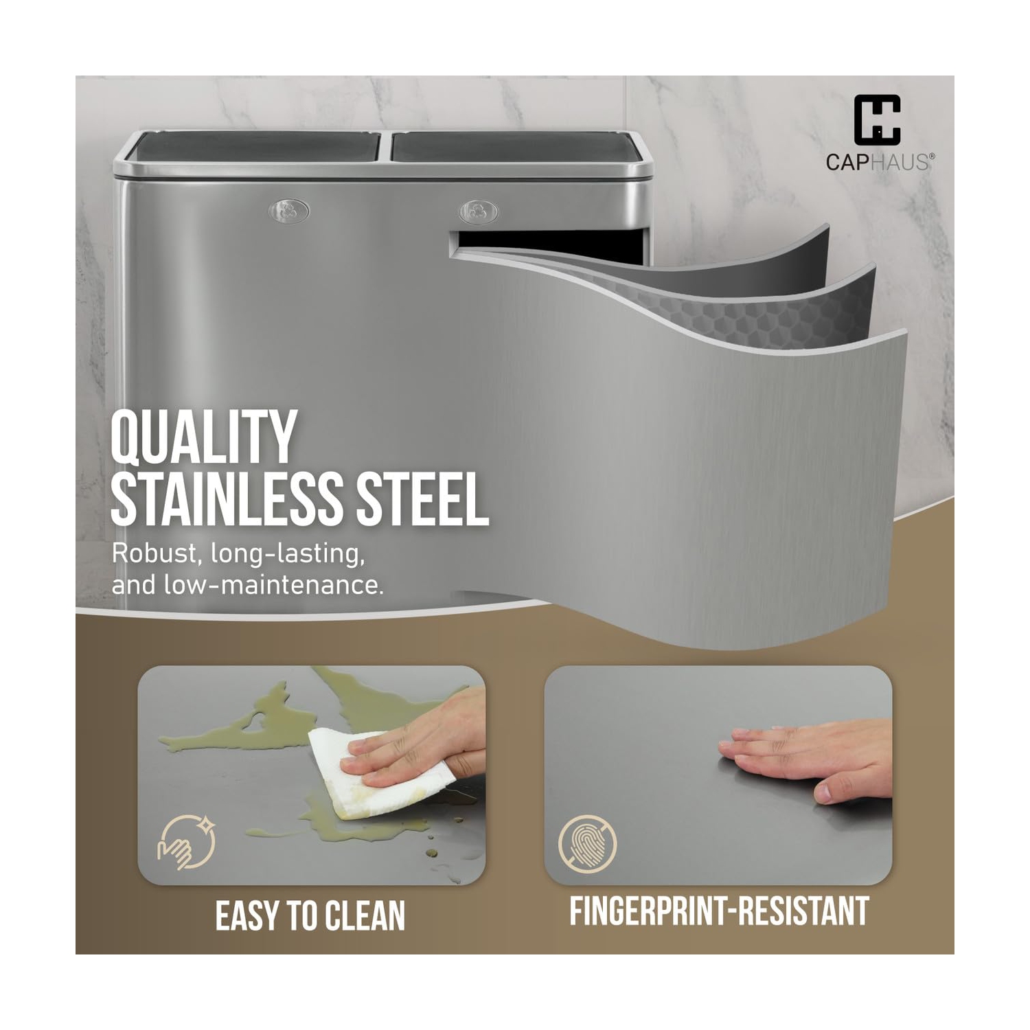 CAPHAUS Dual Trash Can with Double Lid, Trash and Recycle Bins Combo, Hands-Free Stainless-Steel Garbage Can for Kitchen, with 2 Compartment, Hinged
