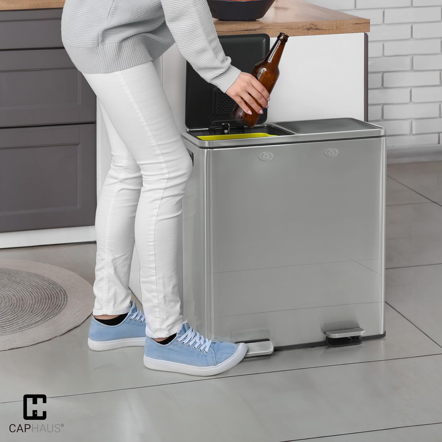 CAPHAUS Dual Trash Can with Double Lid, Trash and Recycle Bins Combo, Hands-Free Stainless-Steel Garbage Can for Kitchen, with 2 Compartment, Hinged