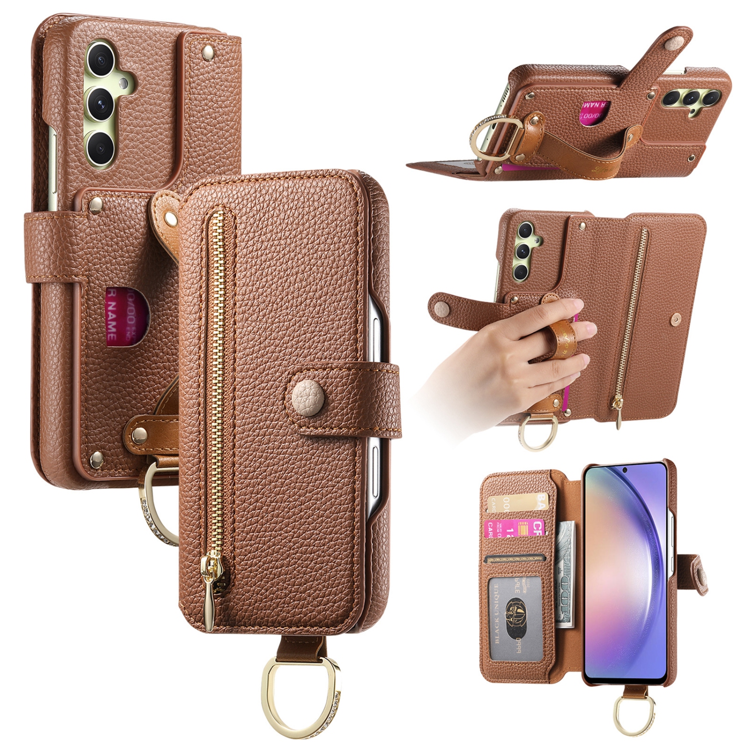 Suitable for Samsung S24 Ultra litchi texture flip leather case with multiple card slots, hardware wristband and ring buckle, shockproof and