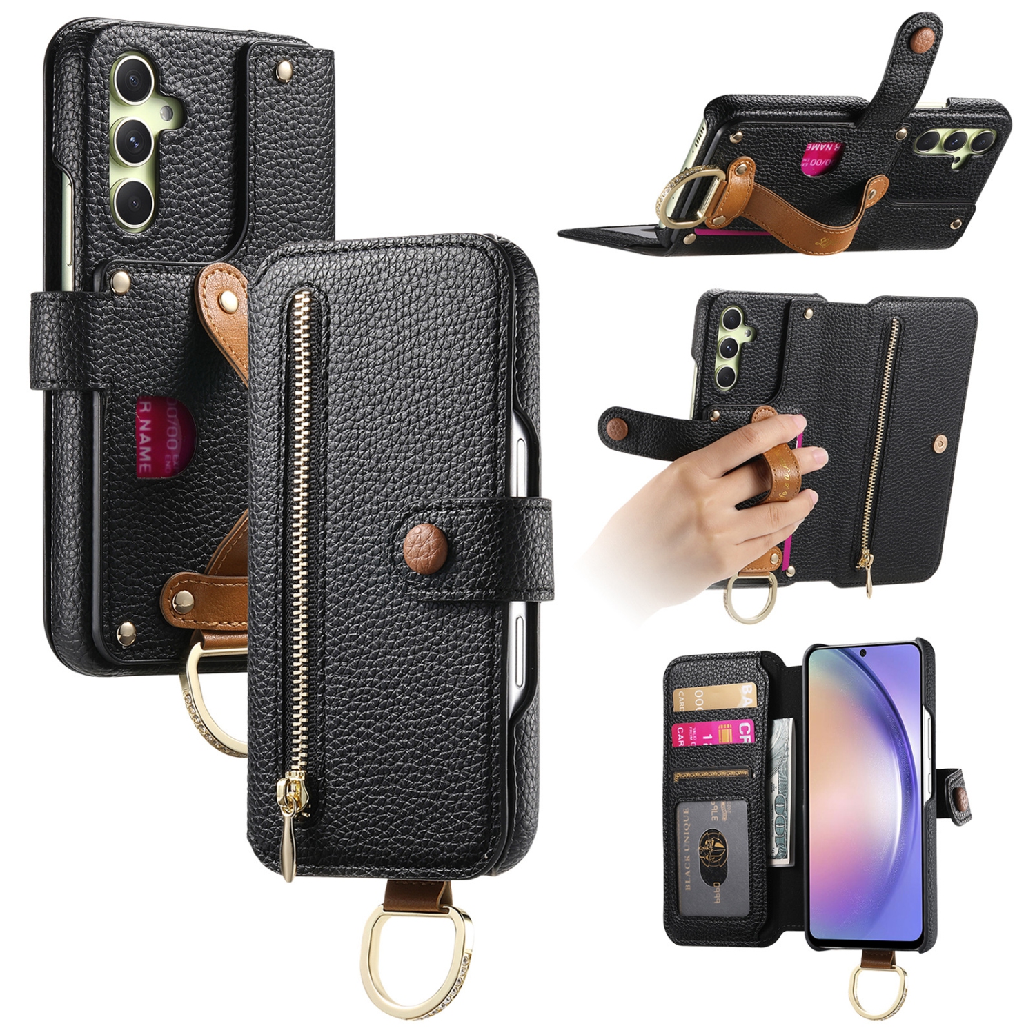 Suitable for Samsung S24 Ultra litchi texture flip leather case with multiple card slots, hardware wristband and ring buckle, shockproof and