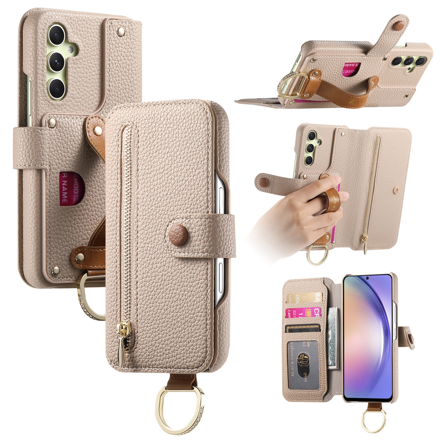 Suitable for Samsung S24 Ultra litchi texture flip leather case with multiple card slots, hardware wristband and ring buckle, shockproof and