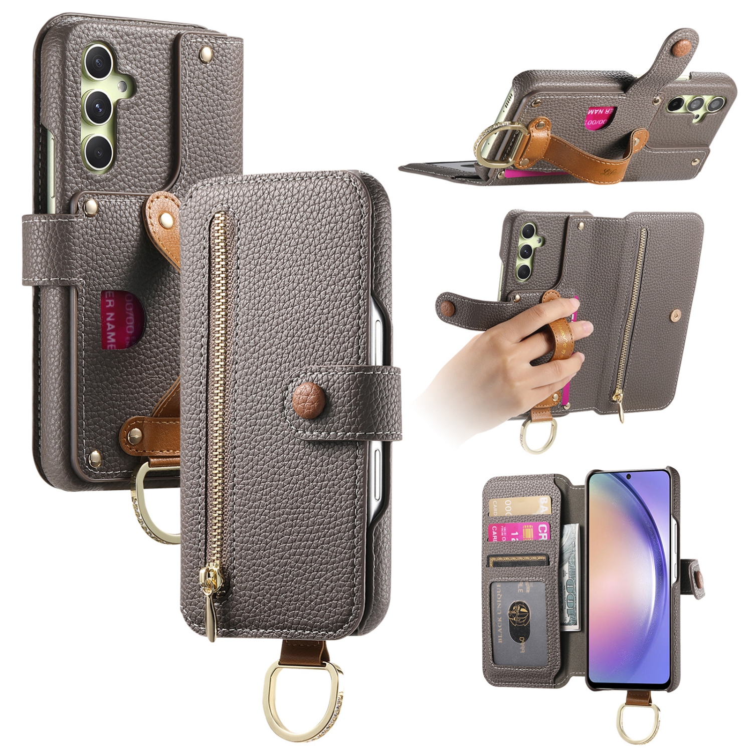 Suitable for Samsung S24 Ultra litchi texture flip leather case with multiple card slots, hardware wristband and ring buckle, shockproof and