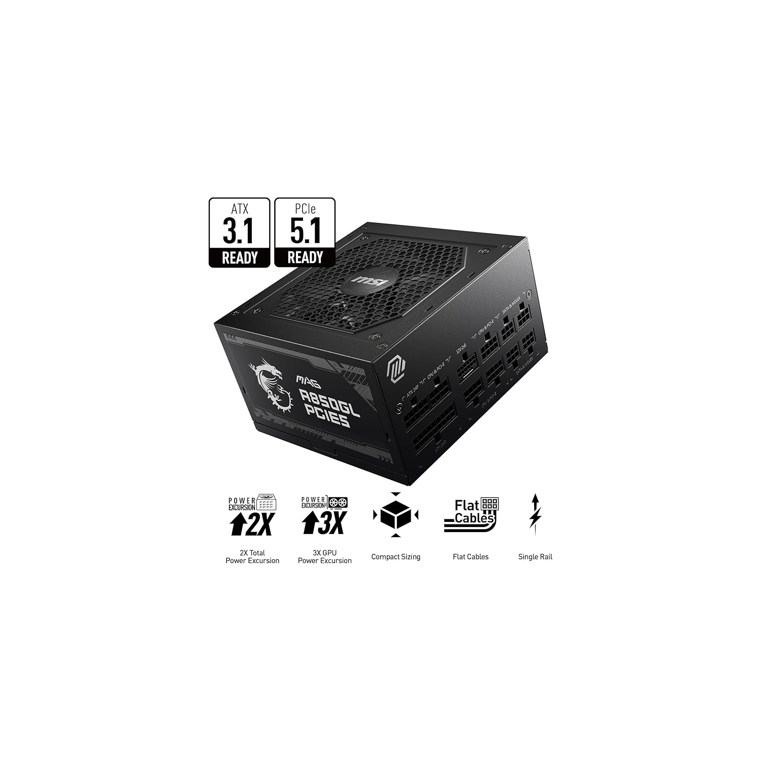 Bloc d'alimentation MPG A850GL PCIE 5 et ATX 3,0 de MSI - Modulaire complet - 850&nbsp;W certifié 80 Plus Gold