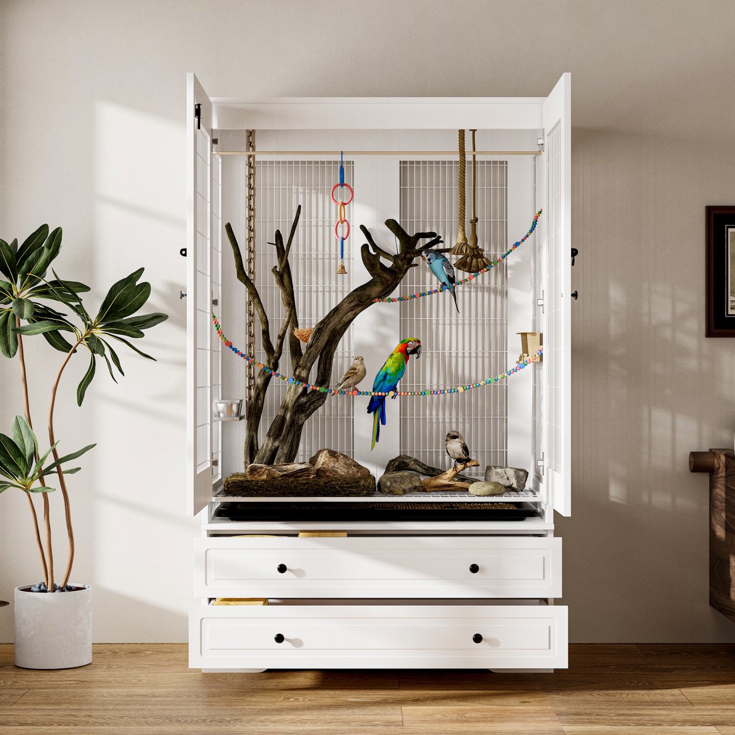 Famapy Bird Cage Cabinet with 2 Drawers & Iron Wire Frame – Spacious and Stylish Pet Home for Birds,,White