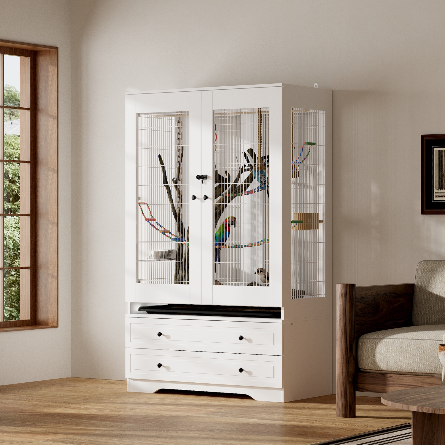 Famapy Bird Cage Cabinet with 2 Drawers & Iron Wire Frame – Spacious and Stylish Pet Home for Birds,,White