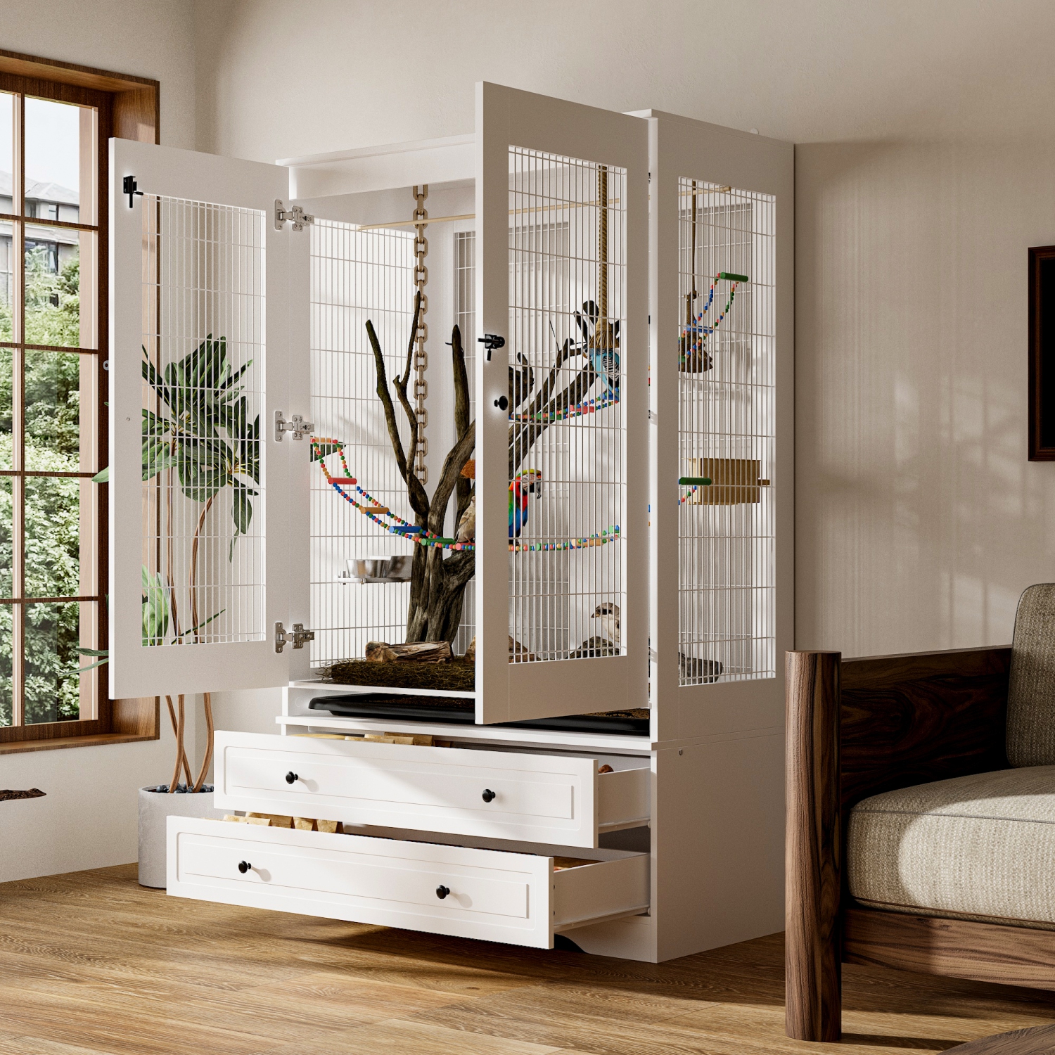 Famapy Bird Cage Cabinet with 2 Drawers & Iron Wire Frame – Spacious and Stylish Pet Home for Birds,,White