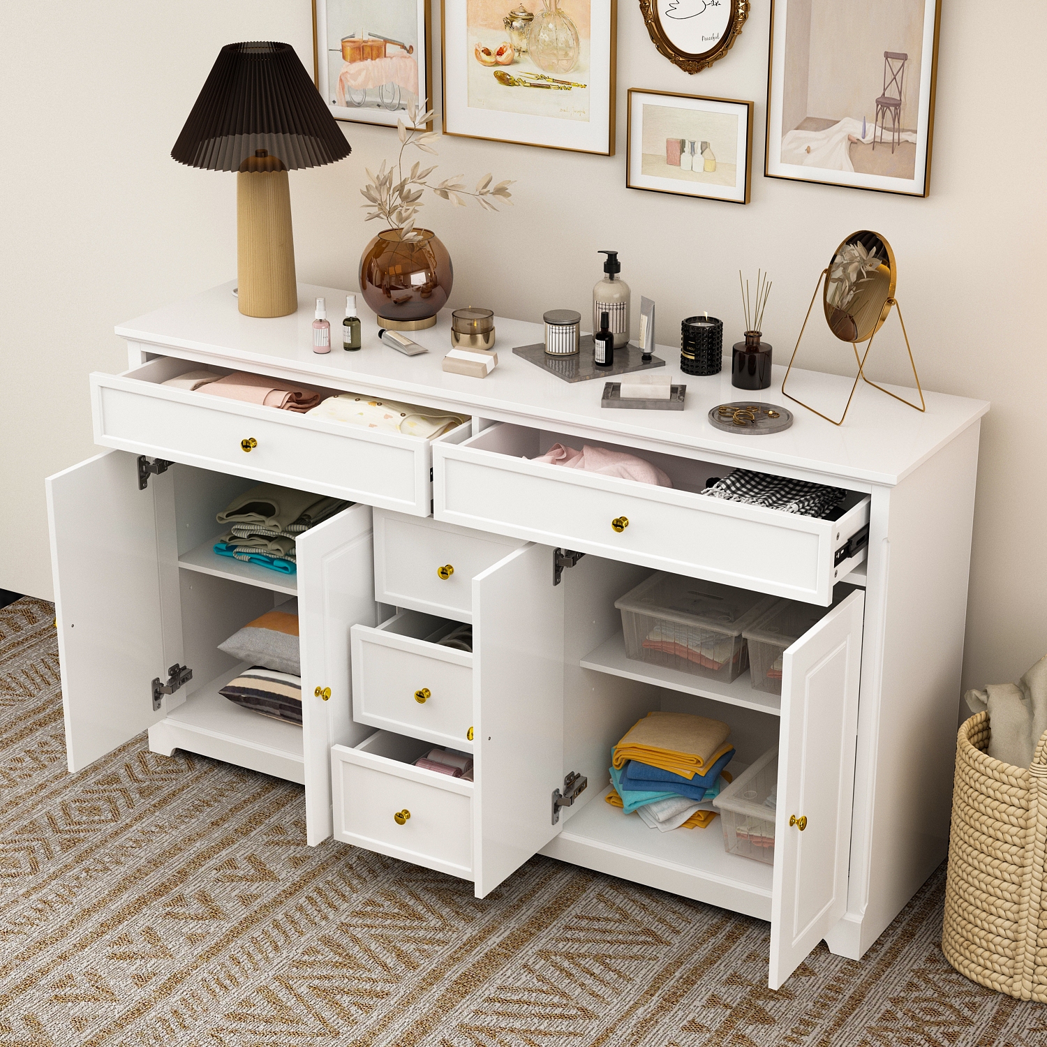 Commode à 5 tiroirs Famapy avec armoire à 4 portes et tablettes réglables – Solution de rangement polyvalente pour la chambre, le salon ou la salle