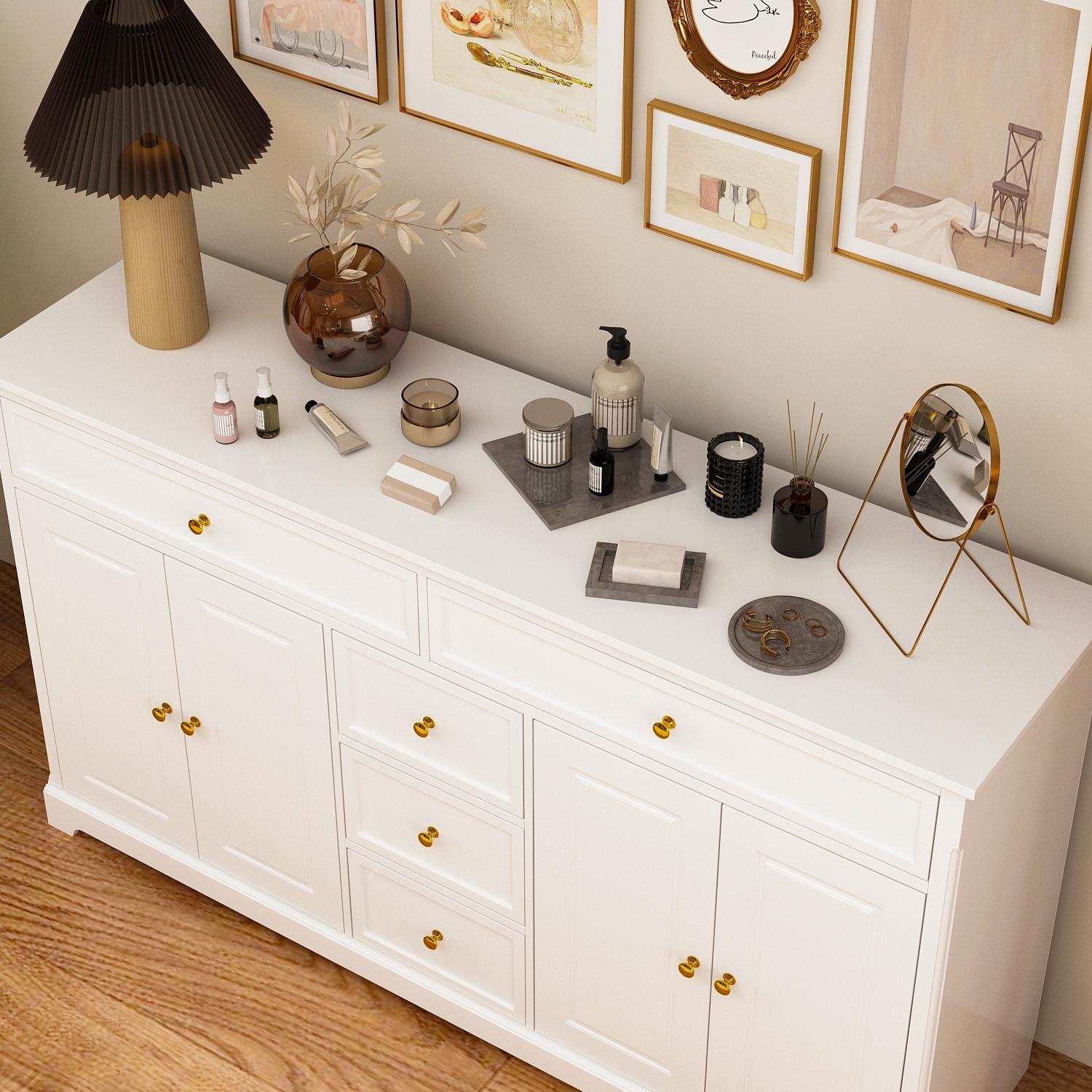 Commode à 5 tiroirs Famapy avec armoire à 4 portes et tablettes réglables – Solution de rangement polyvalente pour la chambre, le salon ou la salle