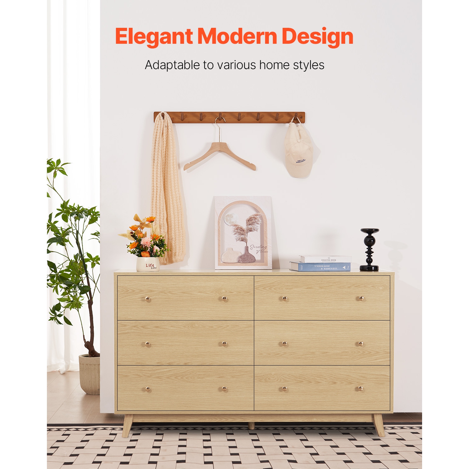 Commode à 6 tiroirs VEVOR, commode en bois à tiroirs coulissants avec dispositif antibasculement, commode minimaliste moderne, range-tout pour le