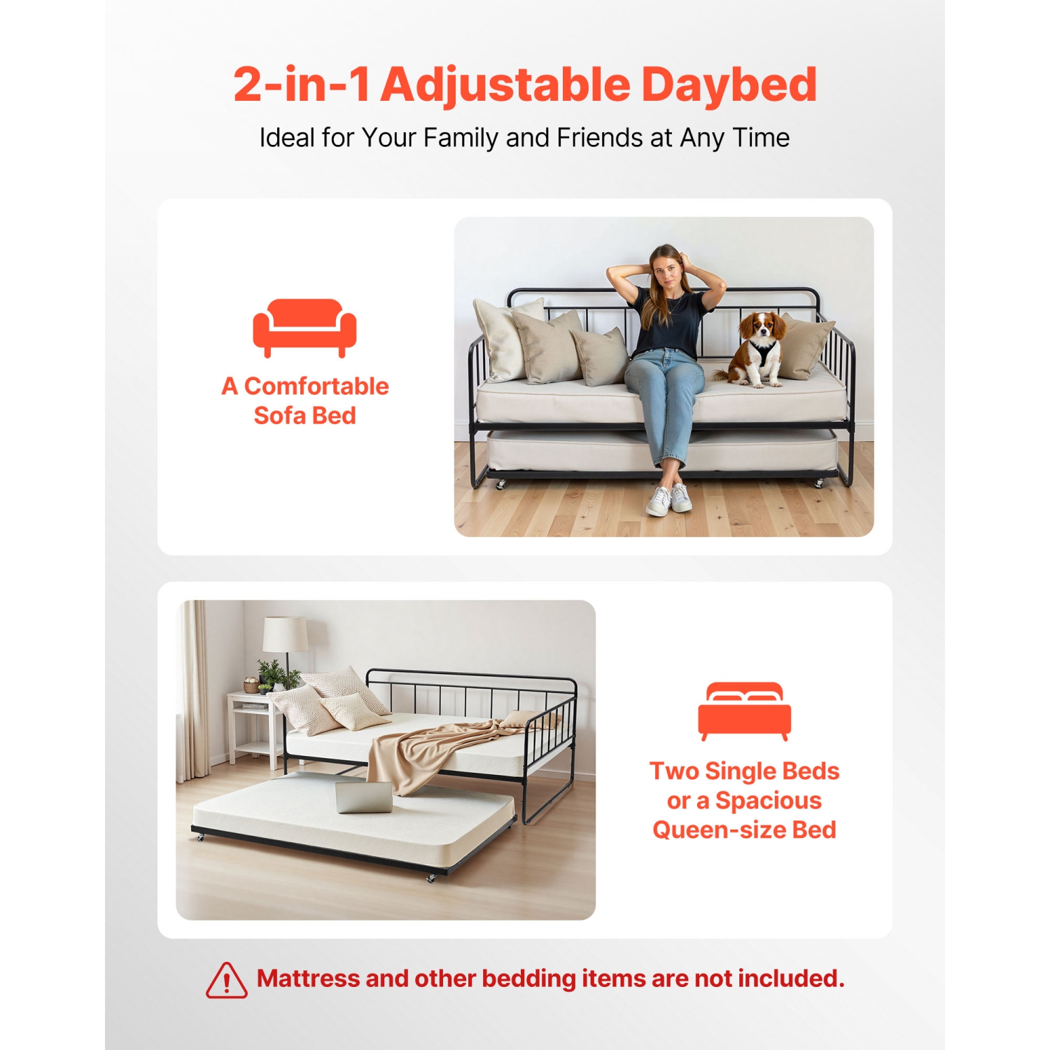 VEVOR Full Size Daybed Frame, Day Bed with Trundle, Heavy Duty Metal Platform Bed Frame, Full Daybed with Metal Slats Support for Living Room, Guest